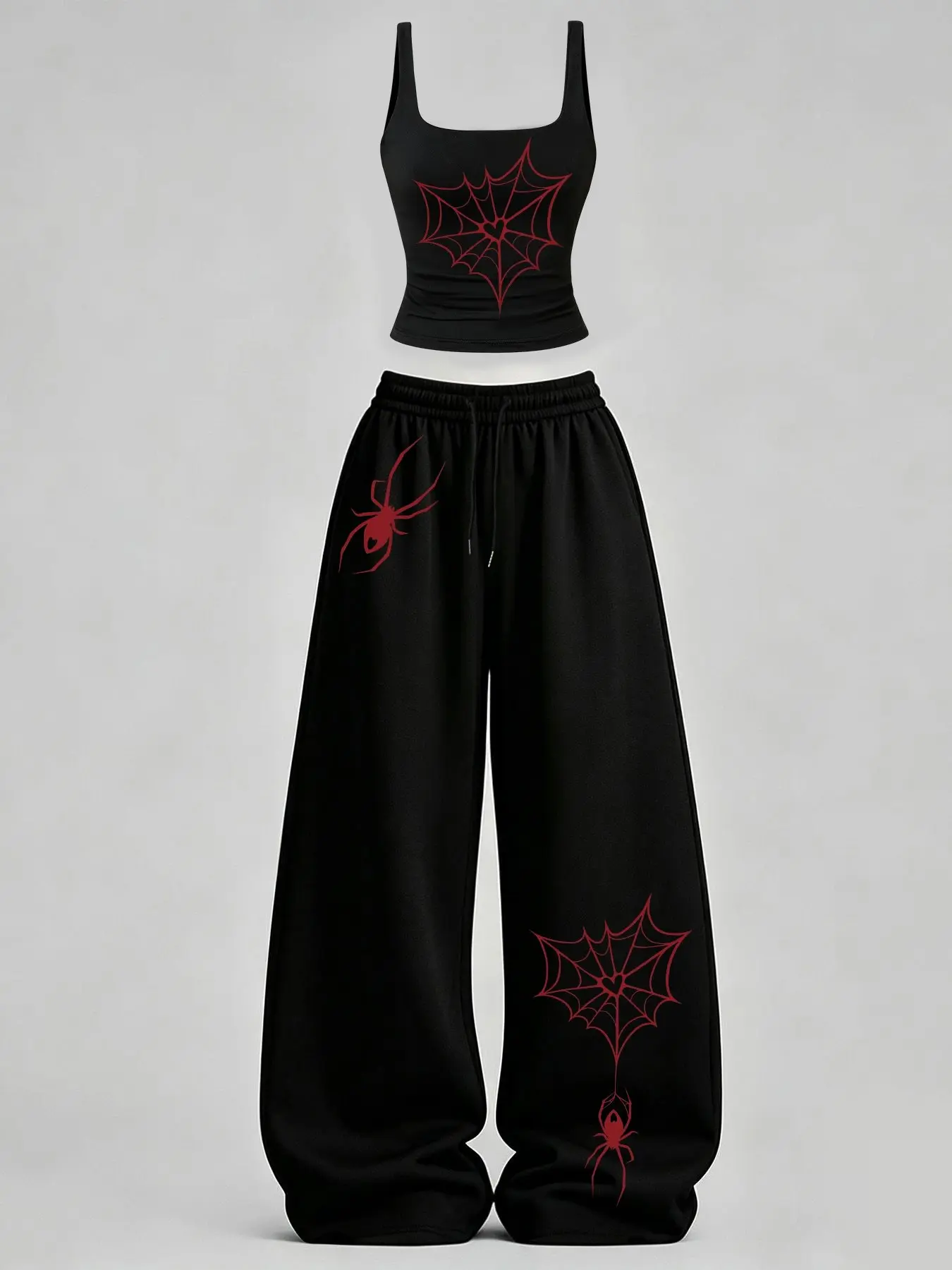 Women's Casual Tank Top Set, Slim-Fit U-Neck Backless Vest & Loose Long Pants, Butterfly Spider Web Print TeeThreads Sustain the Scene with Custom Apparel