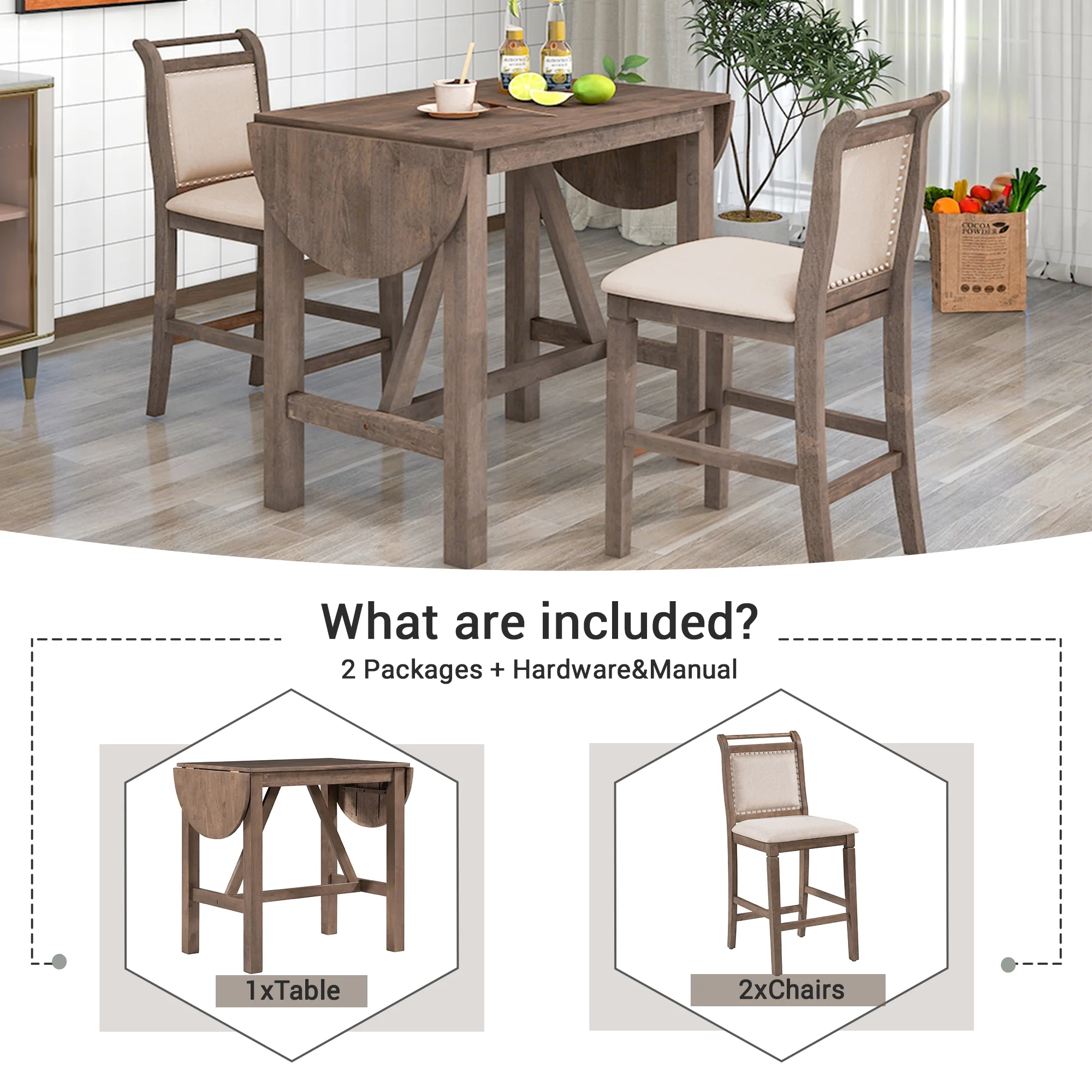 Harper & Bright Designs 3 Piece Wood Folding Dining Table Set Drop Leaf Table with 2 Padded Counter Height Dining Chairs for Small Place, Brown - Image 7