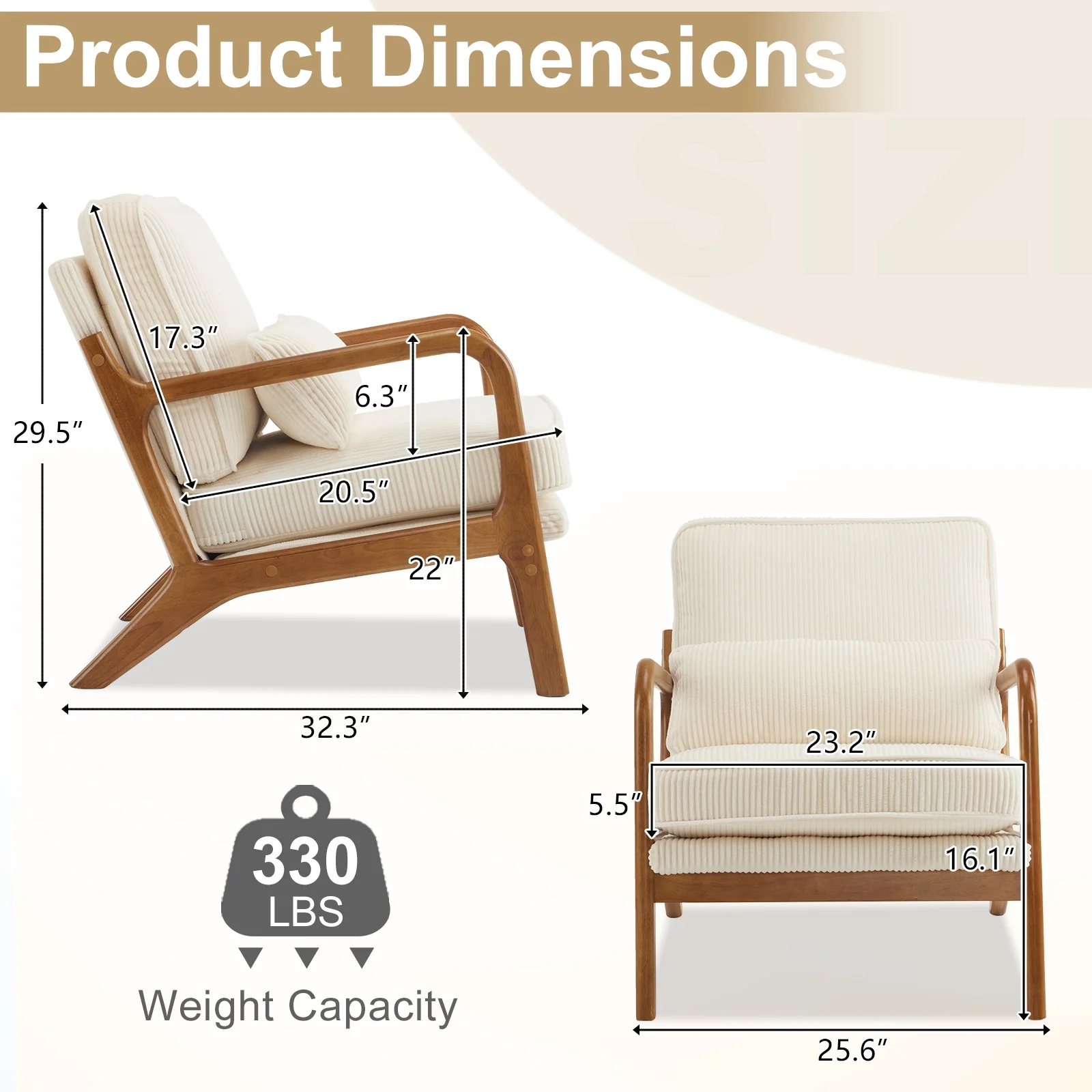 Ktaxon Accent Chair Corduroy Upholstered Armchair, Reading Club Chair with Pillow and Solid Wood Frame for Living Room Bedroom Furniture Off White - Image 4