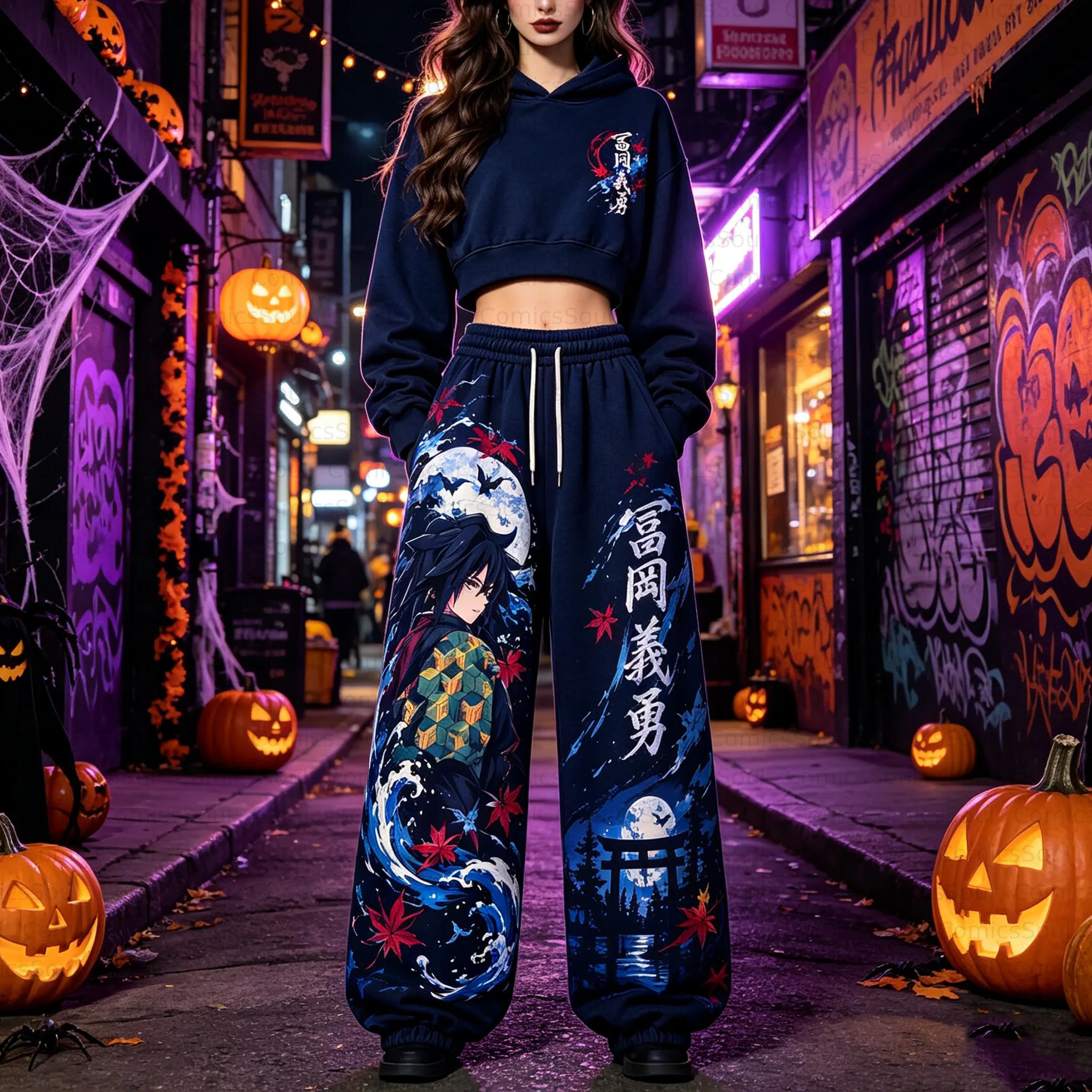 Demon Slayer Cropped Long Sleeve Hoodie & High Waist Jogger Pants Two Piece TeeThreads Sustain the Scene with Custom Apparel