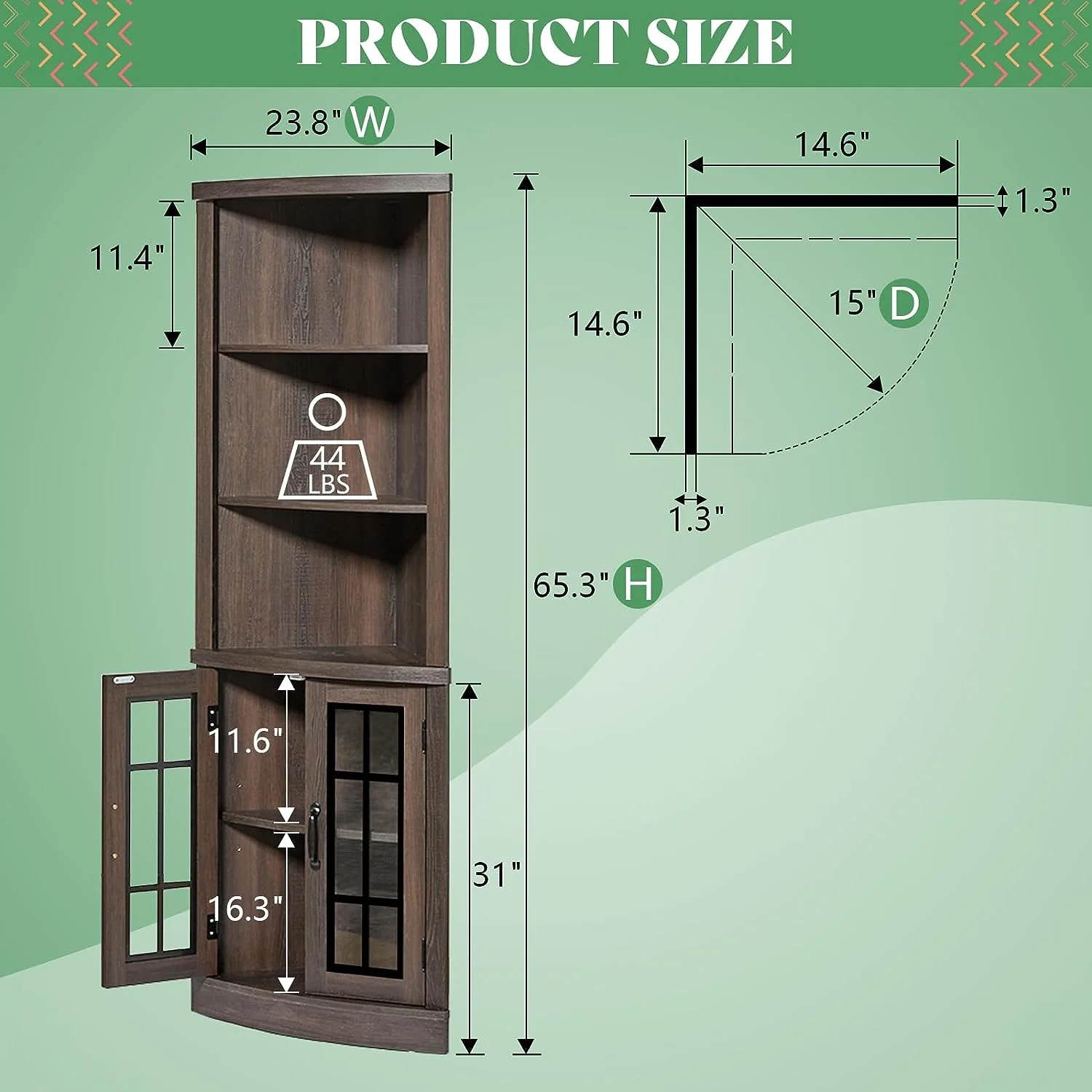 Merluxy Curved Corner Cabinet, 65" Wood Bookcase with 3 Shelves, Distressed White - Image 13