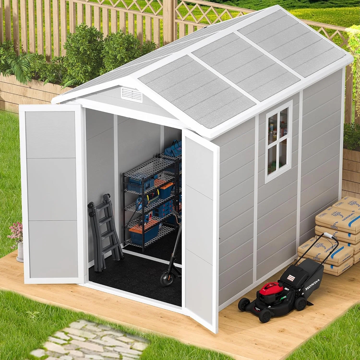 9 x 5.8 FT Outdoor Storage Shed, Linor Resin Shed with Floor, Window, and Vents, Weather-Resistant Garden Shed for Garden Tool Outside Sheds, Bike Shed, Backyard Shed - Image 9