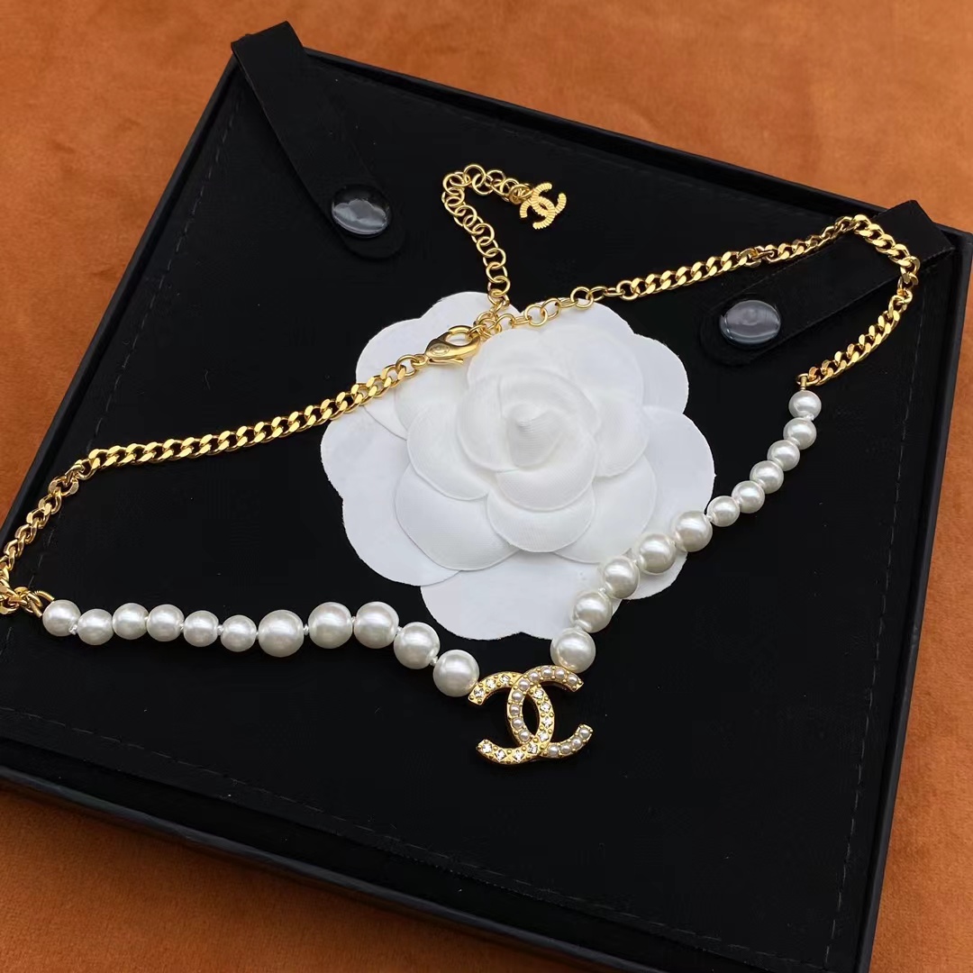 Chanel Half Pearl Half Chain Double C Pendant Necklace - Original Replica Club