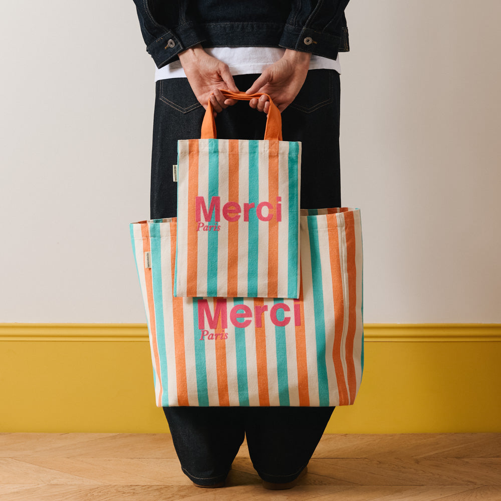 Merci - Tote Bag en coton rayé - Turquoise & Abricot