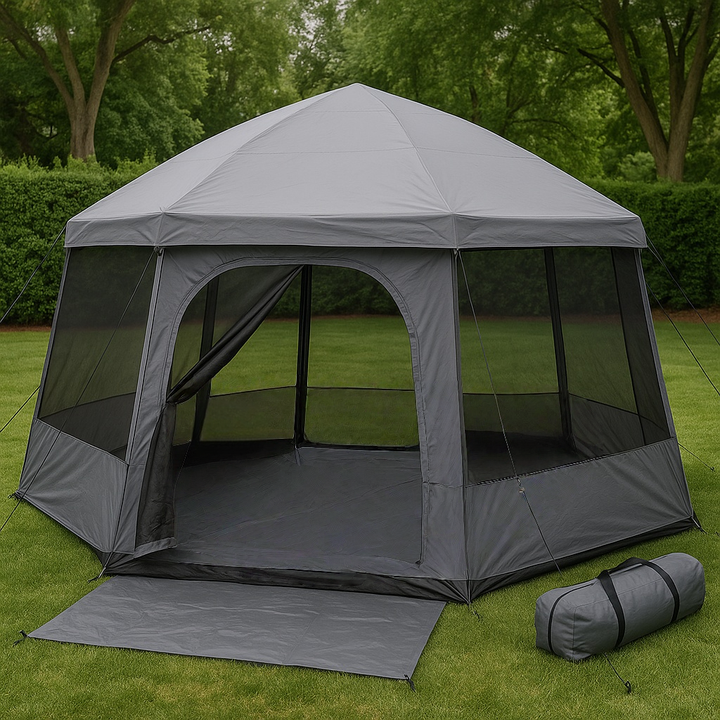 Carpa cenador heptagonal de poliéster gris para uso exterior, jardín/camping, 350x350x260 cm