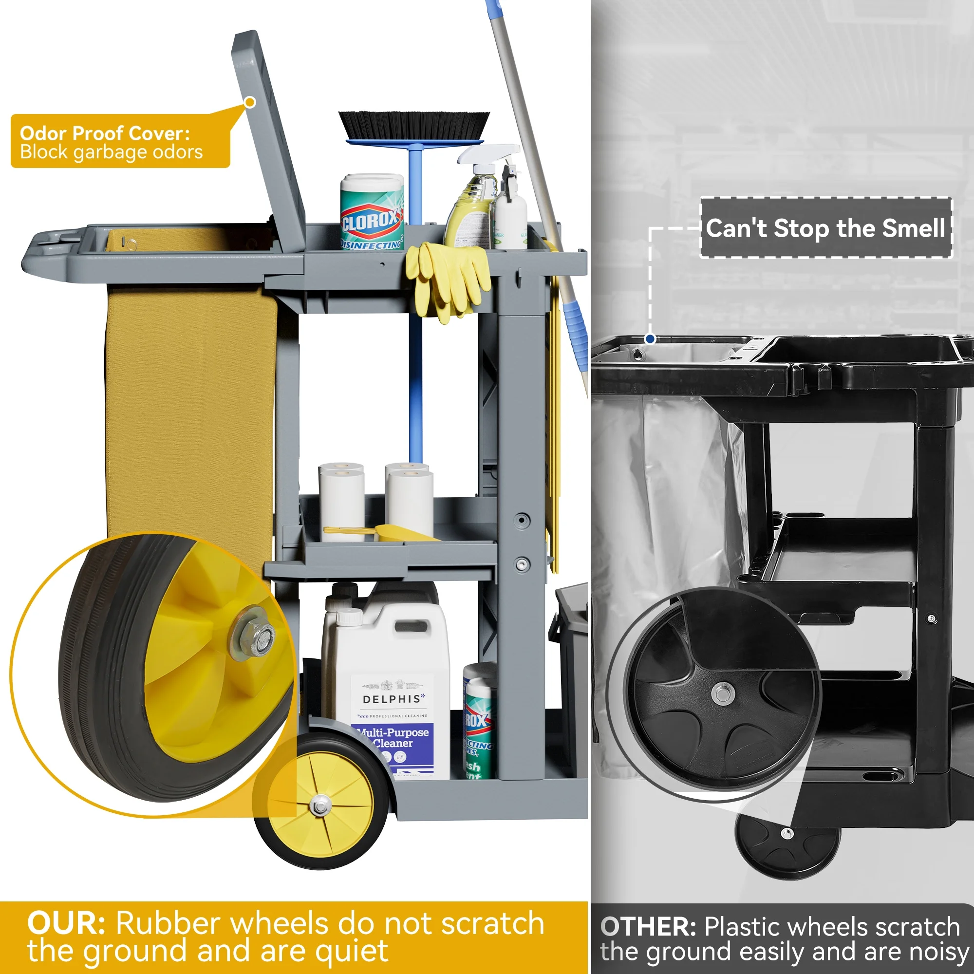 Dextrus Commercial Janitorial Trolley Cleaning Cart, 25 Gallon Capacity with Cover, for Housekeeping & Facility Maintenance, Black - Image 11