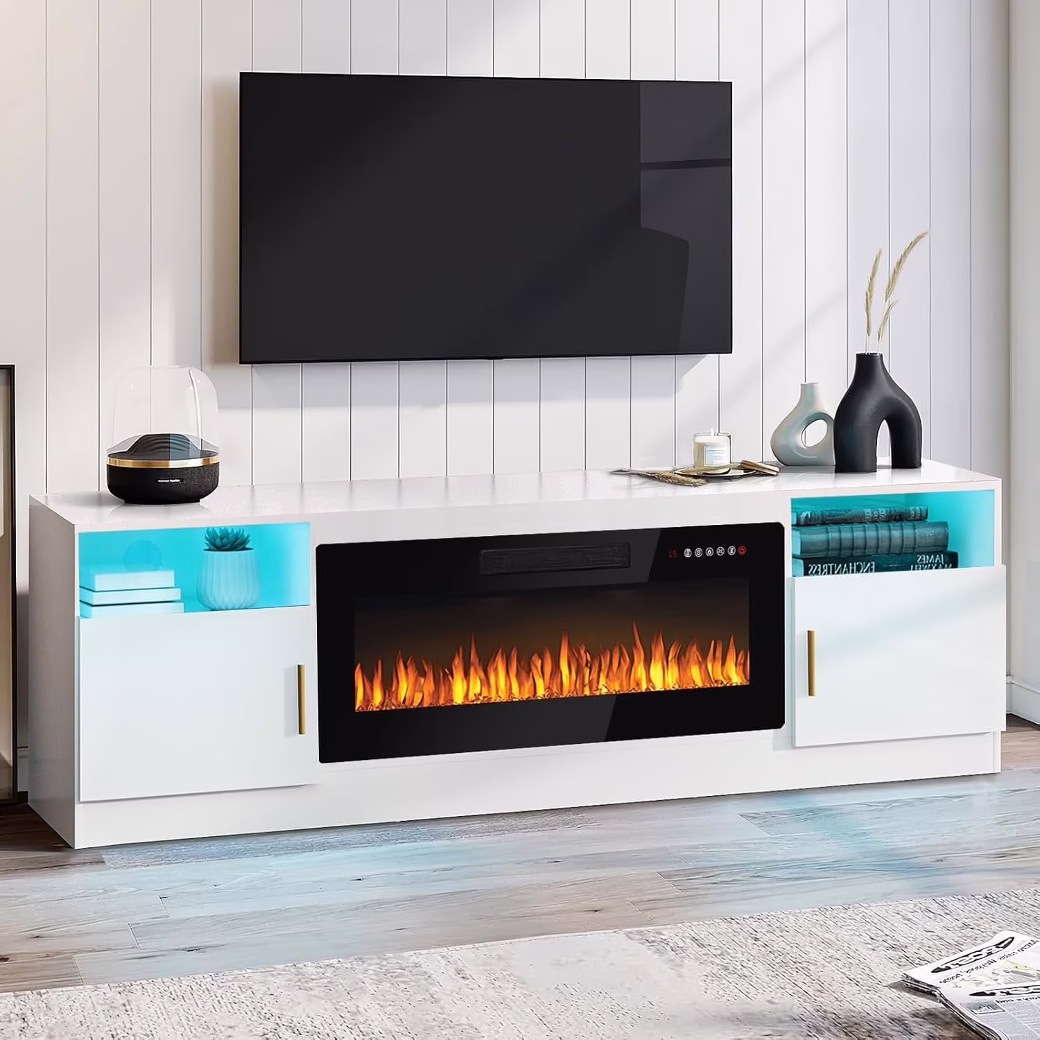 Waleaf Fireplace Tv Stand with 36 in Fireplace up to 80" Tvs, LED Light Entertainment Center and Storage(70" Wood Composite/Gray)
