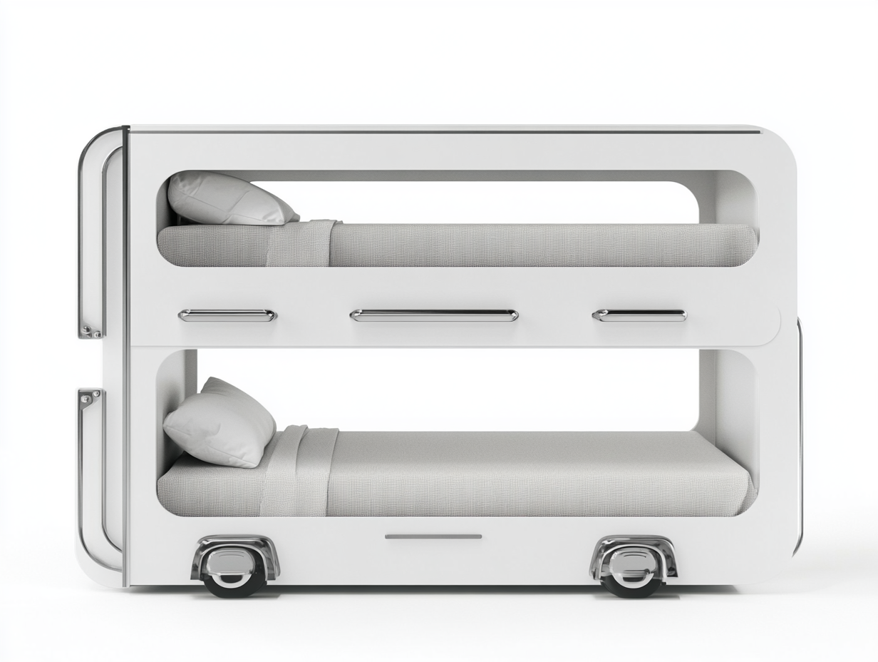 Cama litera moderna de diseño compacto en color blanco con estructura de metal y ruedas, ideal para habitaciones infantiles o juveniles DF4336282