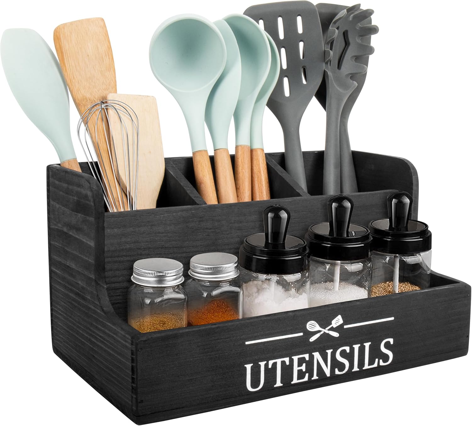 RedCall Extra Large Kitchen Utensils Holder 4 Compartments,Wood Utensil Organizer for Kitchen Countertop,Farmhouse Cooking Utensil Holder with Spice Storage space (Black)