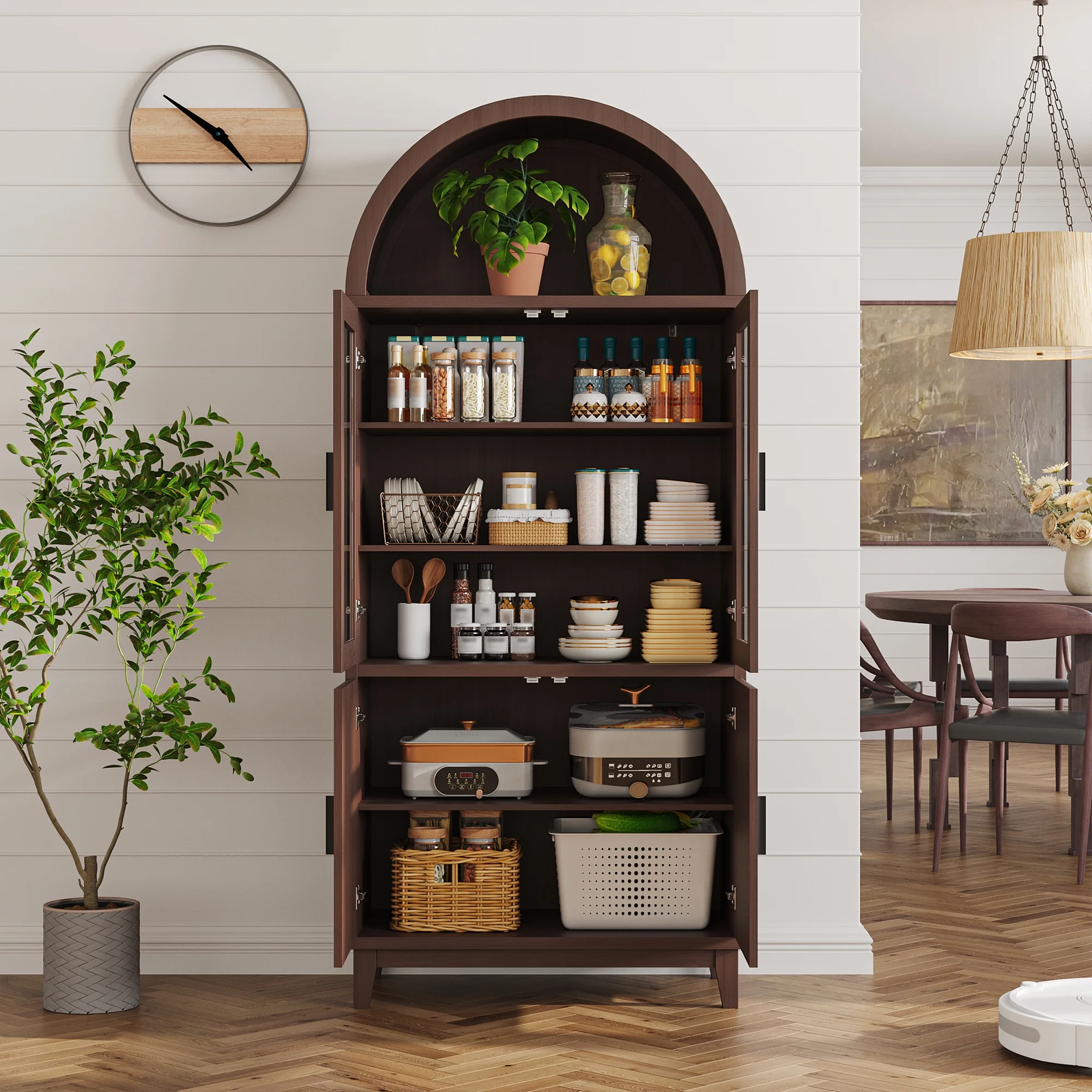 VEANERWOOD 71" Tall Arch Cabinet, Wood Fluted Kitchen Kitchen Storage Cabinet with 4 Doors and 6 Shelves for Dining Room Living Room - Image 15
