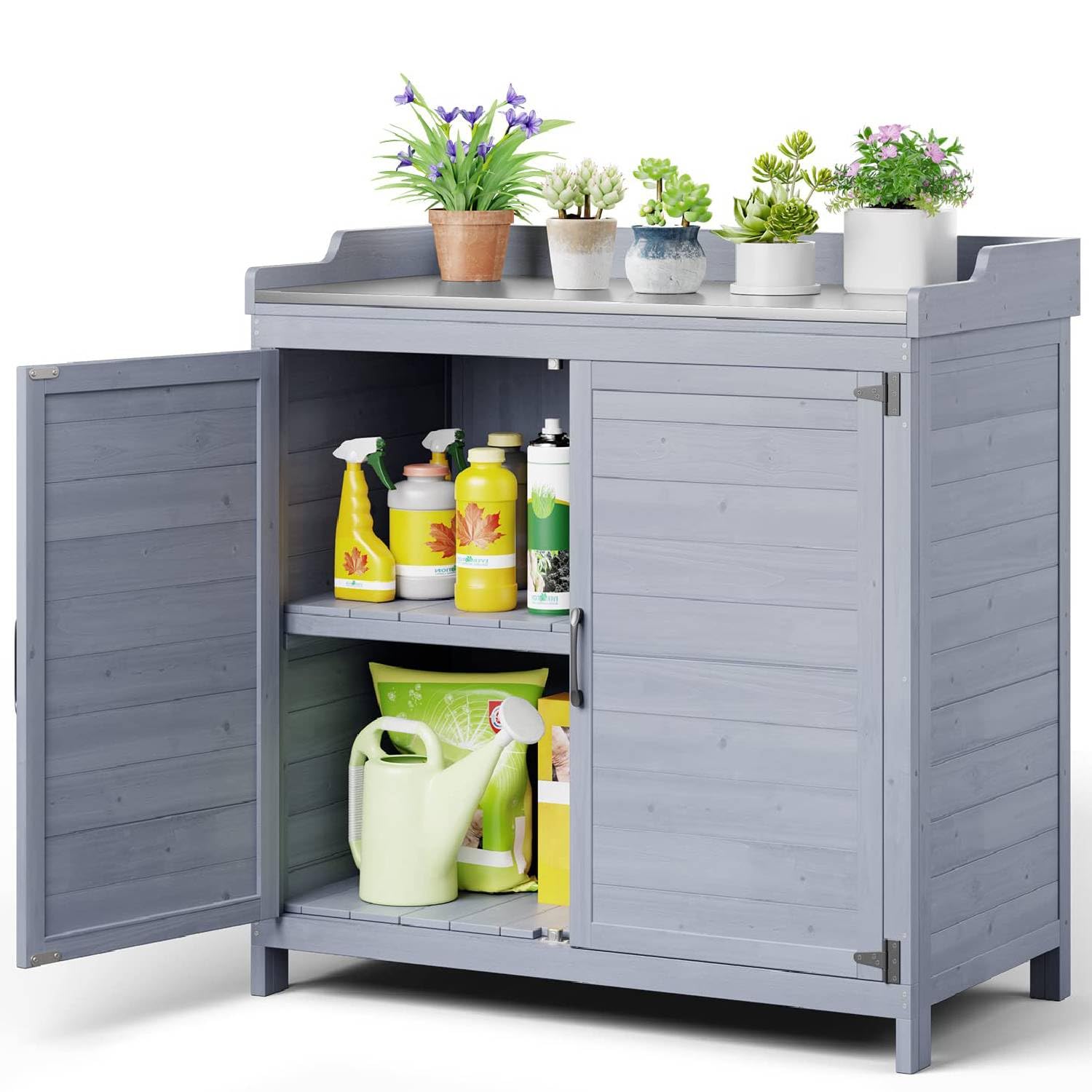 Lofka Outdoor Storage Cabinet, Outdoor Potting Bench Table with Removable Shelves for Yard, Garden, Waterproof Wood - Image 21
