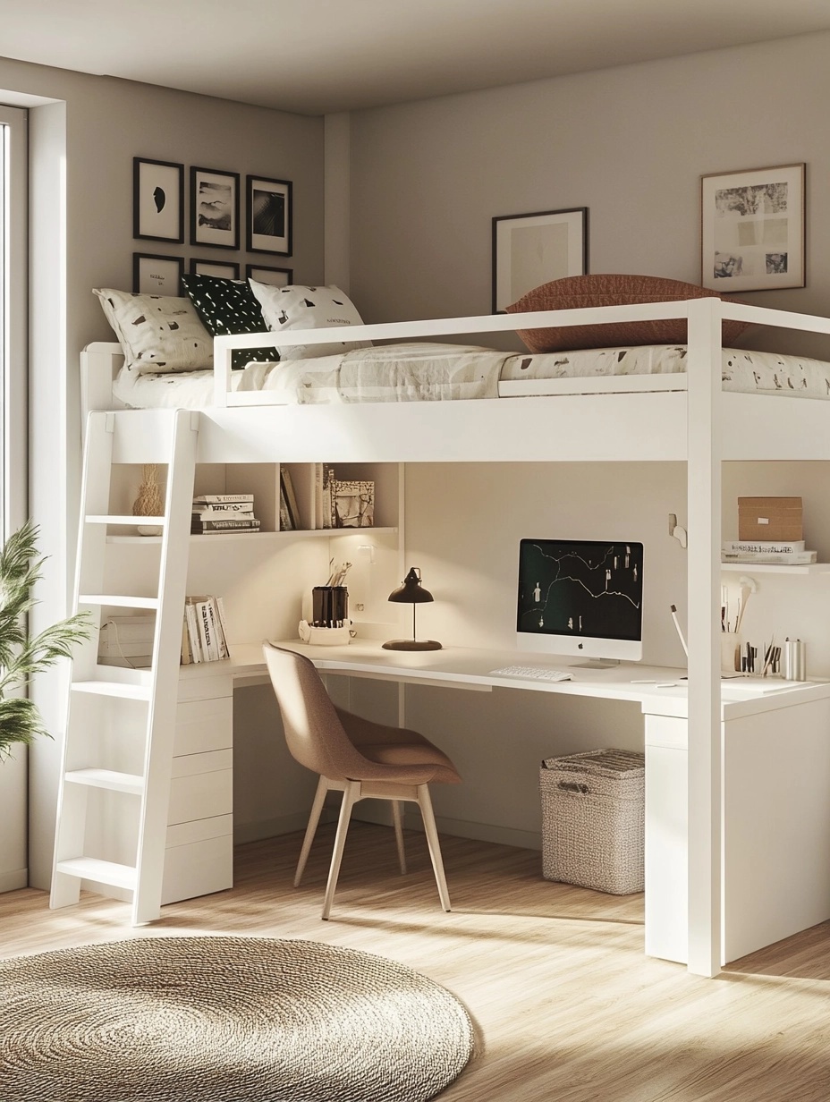 Cama alta niño con escritorio y cómoda,blanca,metal,dormitorio infantil,249x180x145 cm