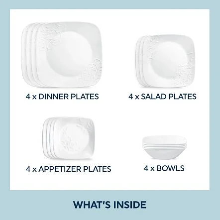 Corelle Cherish 16-Piece Embossed Square Glass Dinnerware Set (Service for 4) - Image 3