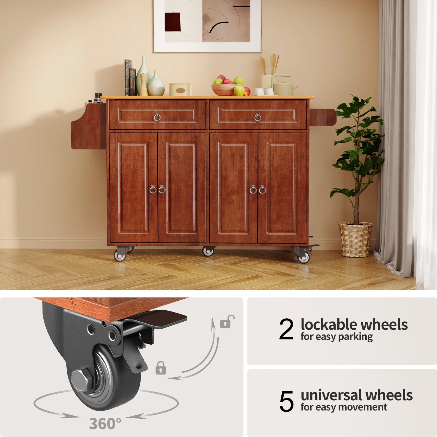 Lofka 52-Inch Kitchen Island with Storage on Wheels with Wood Drop Leaf, Ideal for Small Kitchens - Image 17