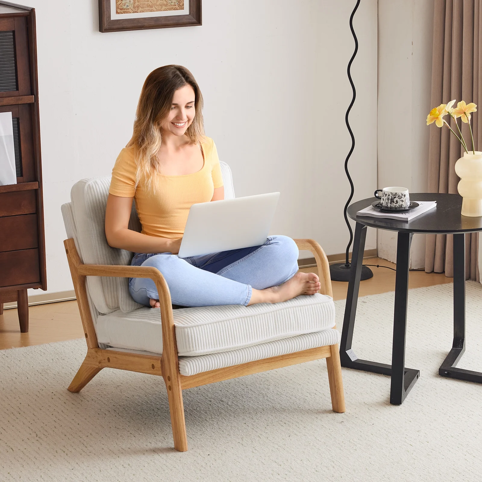 Ktaxon Accent Chair Corduroy Upholstered Armchair, Reading Club Chair with Pillow and Solid Wood Frame for Living Room Bedroom Furniture Off White - Image 152
