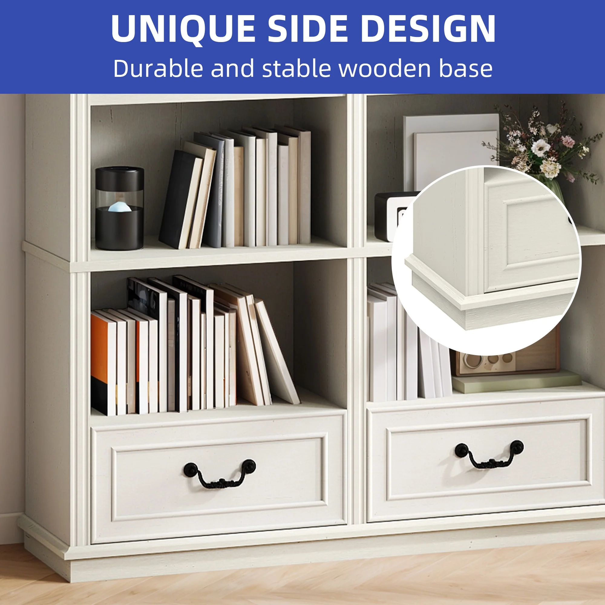 ModFusion 70" Distressed White Bookshelf with Adjustable Shelves and Two Drawers - Image 5