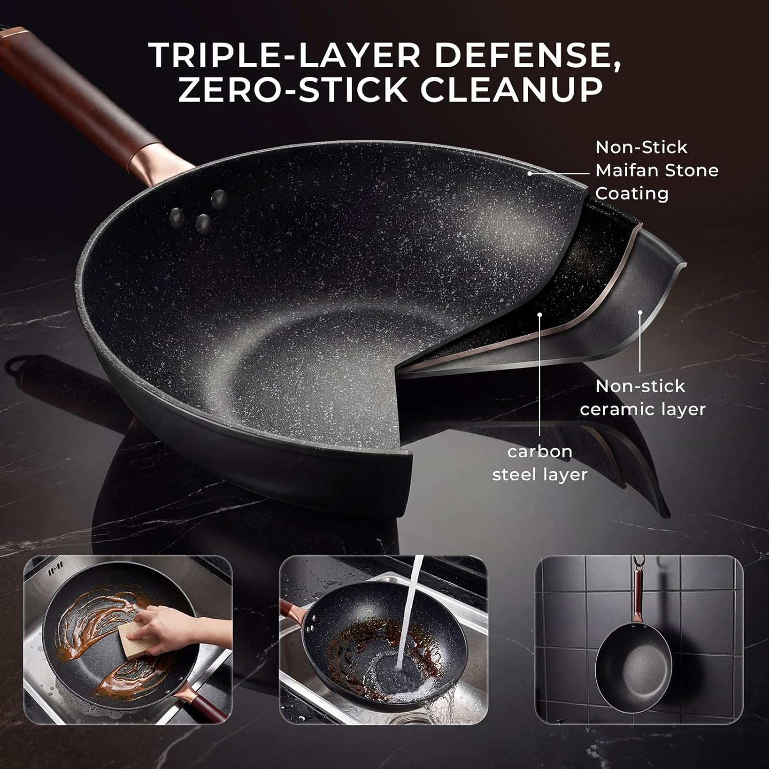 Kseroo 13-Inch Carbon Steel Wok Pan with Lid: Professional Woks & Stir-Fry Pans Nonstick with Steamer, Large Deep Flat Bottom Cookware, Works on All Cooktops, Oven Safe, Stay-Cool Handle, Kitchen Gift