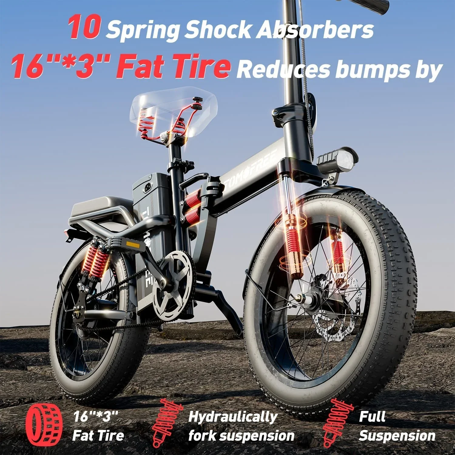 Tomofree Folding Electric Bike For Adults, 1200W, 48V 20Ah, 16 x 3in Tire, 330lbs, Black - T1 - Image 4 Tomofree Folding Electric Bike For Adults, 1200W, 48V 20Ah, 16 x 3in Tire, 330lbs, Black - T1 - Image 4