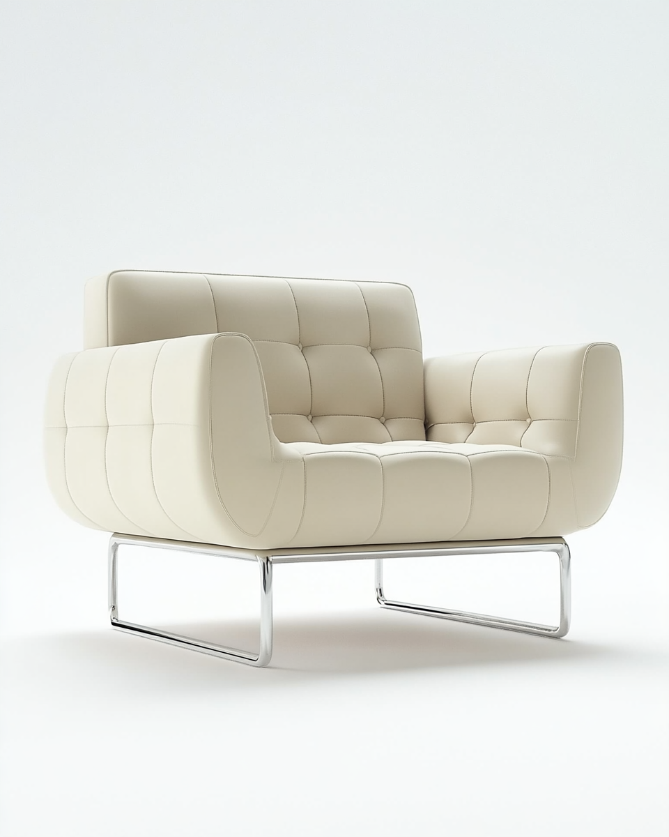 Sillón contemporáneo de cuero beige con estructura metálica para salón