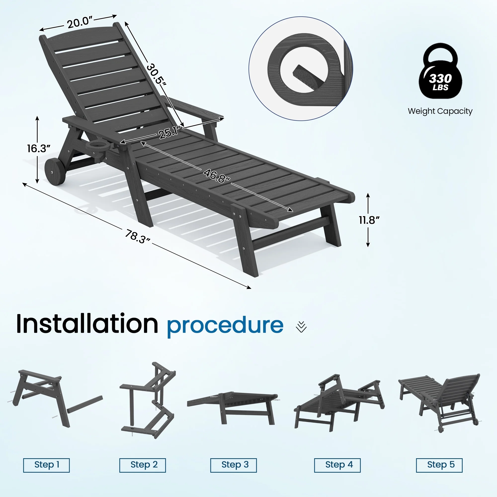 SERWALL Patio Chaise Lounge Chair, 78'' HDPE Outdoor Lounge Chair 5 Positions Pool Lounger Navy Blue - Image 78