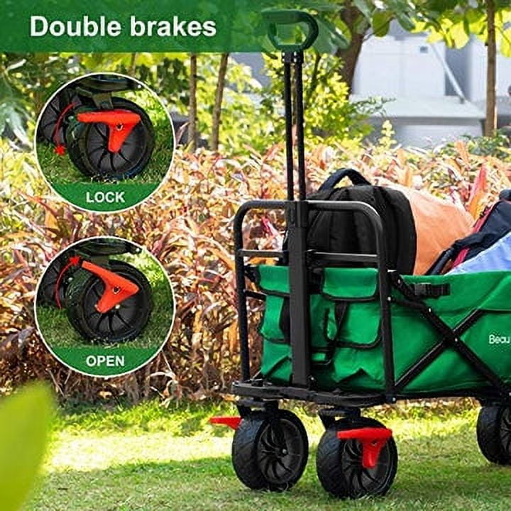 BEAU JARDIN Folding Wagon Cart With Brake Free Standing Collapsible Utility Camping Grocery Canvas Fabric Sturdy Portable Rolling Buggies Outdoor Garden Sport HeavyDuty Shopping Cart Push Wagon Green - Image 3