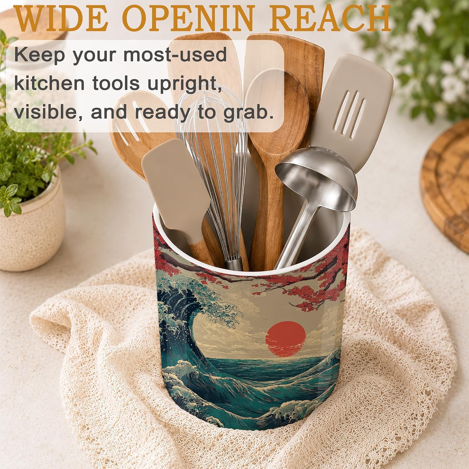 Japanese Waves Kitchen Utensil Holder,Sunrise Cherry Blossoms Ceramic Utensil Crock for Countertop,Cooking Tools Storage jar for Spatulas and Spoons,Housewarming Gifts 6.3