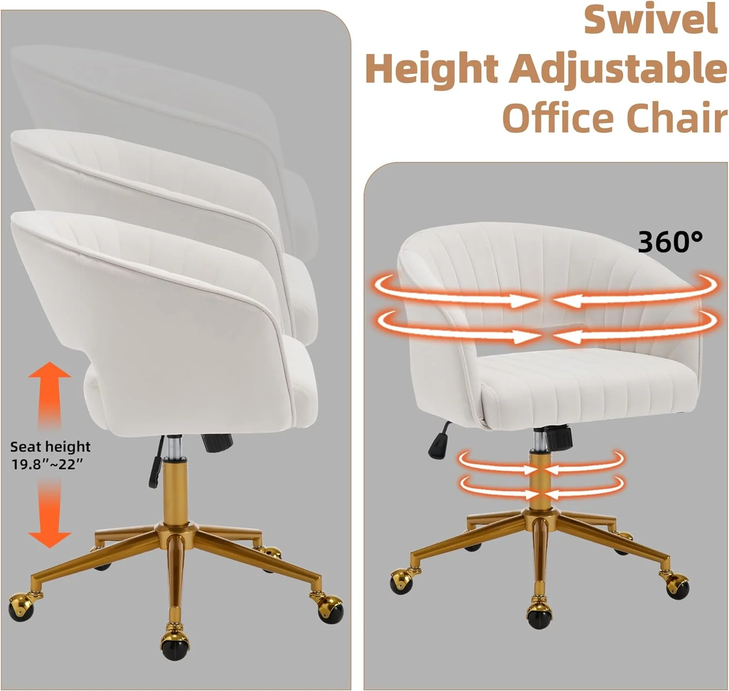 Westice Home Office Desk Chairs, Velvet Task Chair, Height Adjustable Swivel Vanity Chair with Golden Base for Vanity Study, Living Room Computer Room, Beige - Image 15