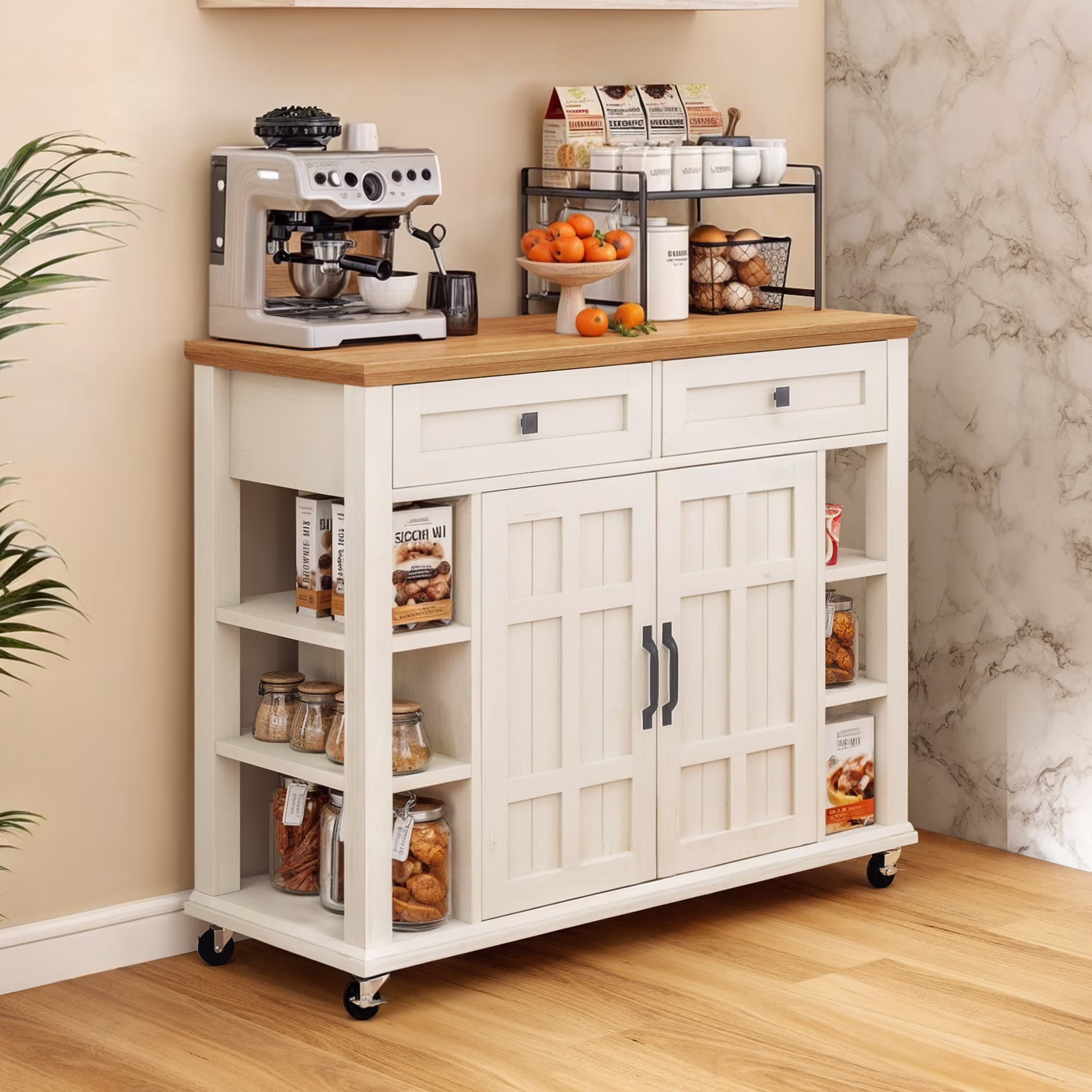 Uforic Kitchen Island Cart, Kitchen Storage Cart with Drawers Storage Shelves, Off - White(Off-White)
