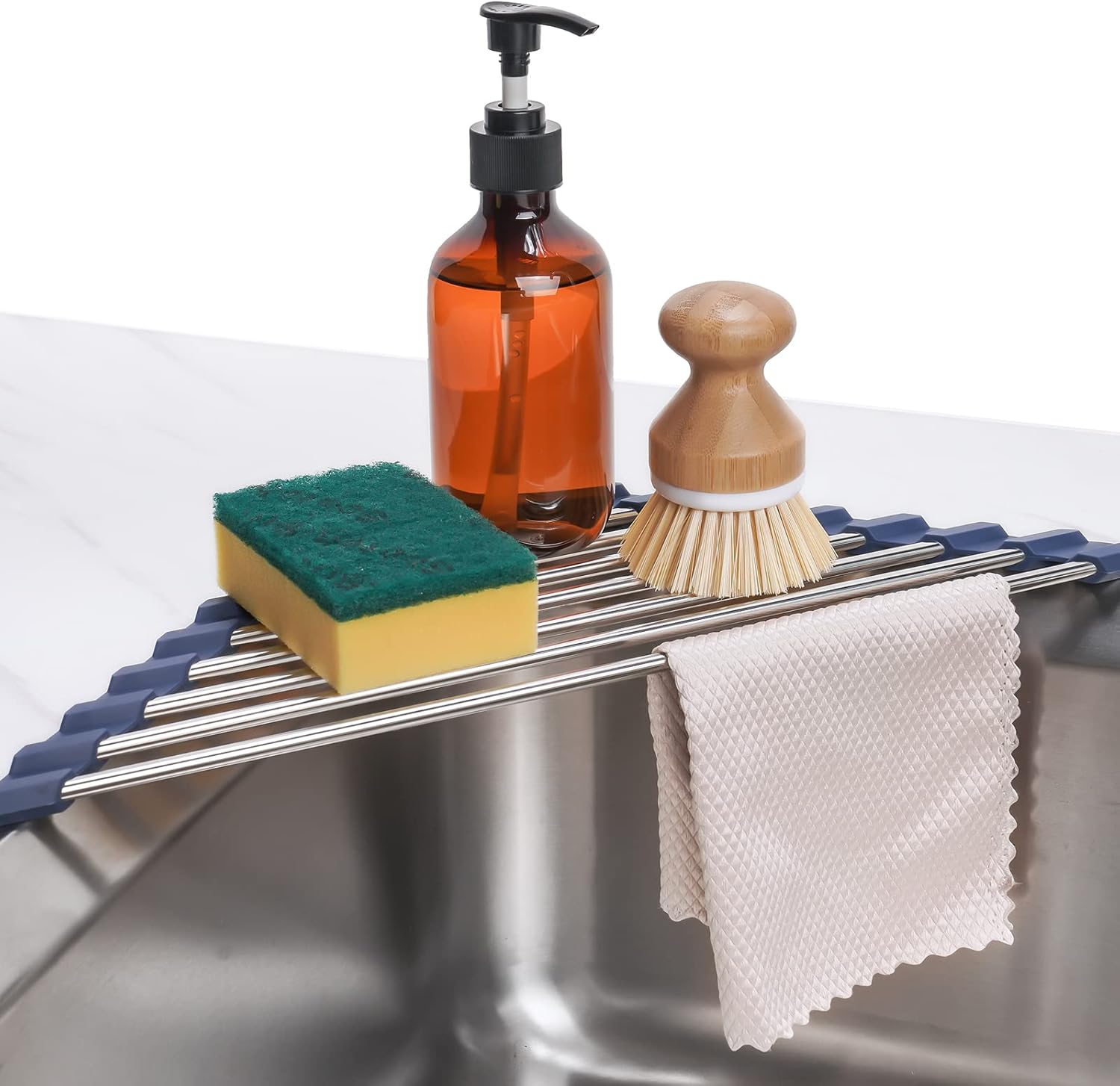 Tomorotec Marble Triangle Roll-Up Dish Drying Rack for Sink Corner - Small, Foldable, Stainless Steel, Multipurpose Kitchen Drainer Caddy, Trivet, Rustproof Organizer, Storage Shelf