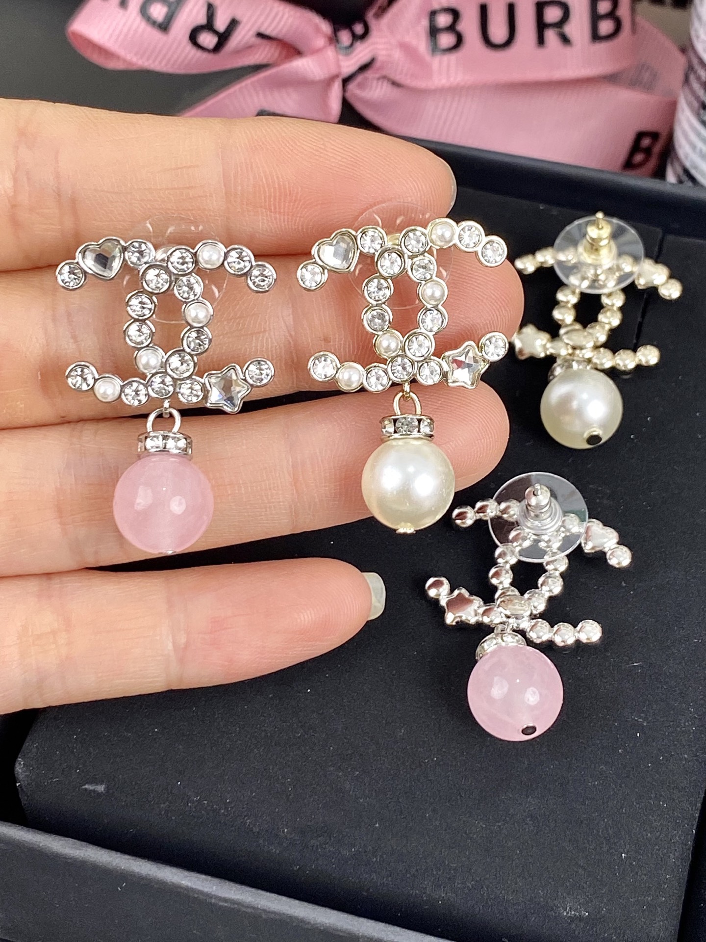 Chanel Pink Crystal Pearl Dangle Rhinestone CC Earrings - Original Replica Club
