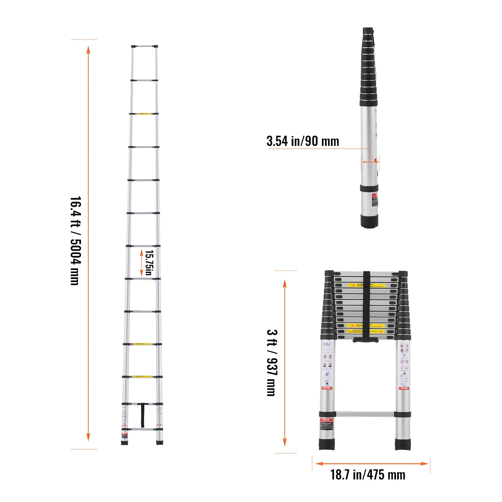 VEVOR Telescoping Ladder, 16.4FT Aluminum Lightweight Extension Ladder, Multi-button Retraction Collapsible Ladder, 375 LBS Capacity with Non-slip Feet, Portable Compact Ladders for Home, RV, Loft - Image 8