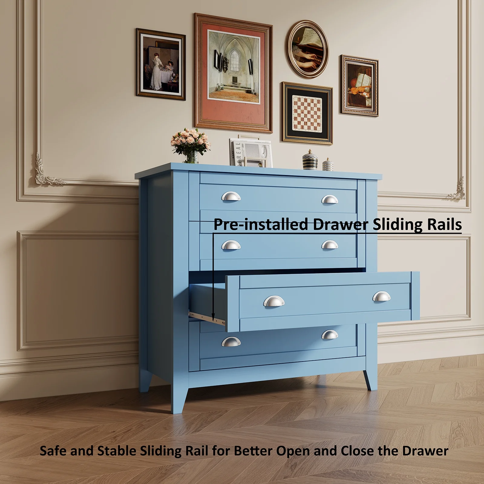 6 Drawer Dresser, Light Blue Elegant Chest of Drawers, Large Cabinet with Storage, Rustic Wood Chest of Drawers for Bedroom, Living Room, Hallway - Image 20