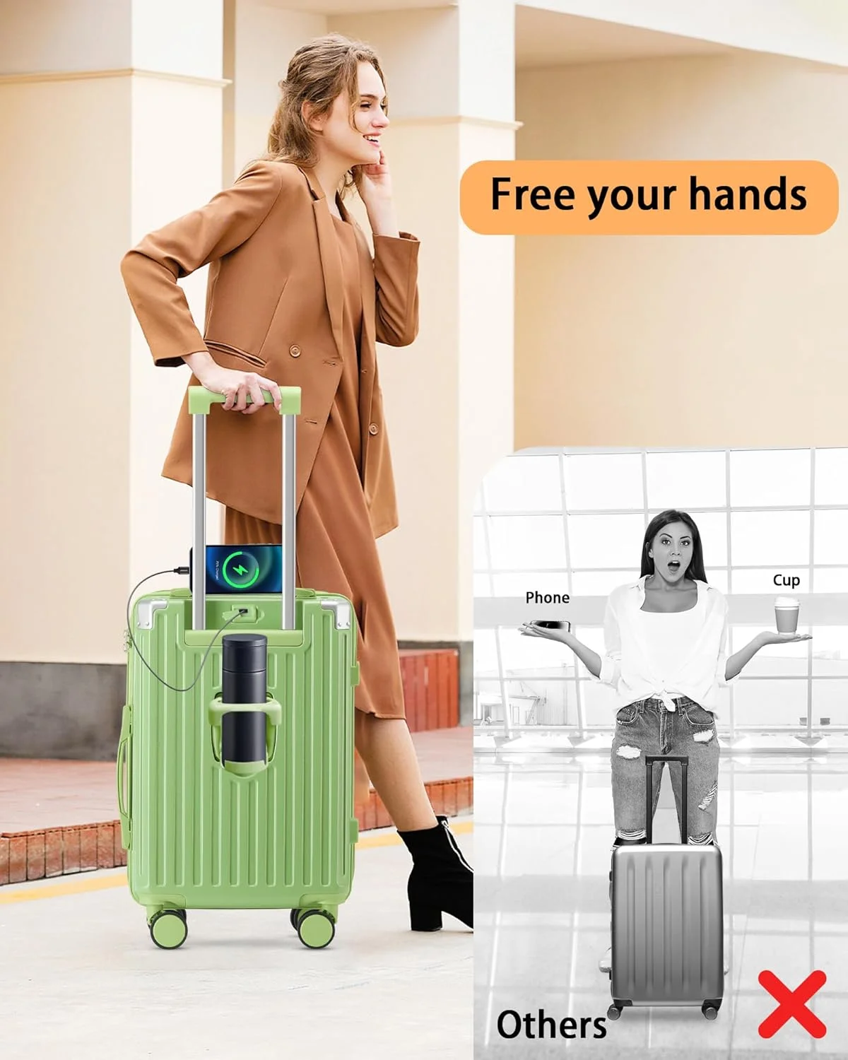 20 Inch Carry On Luggage With Cup Holder & USB Port, Airline Approved TSA-locked Luggage, Lightweight PC Material Travel Suitcase With 360- Spinner Wheel - Image 11