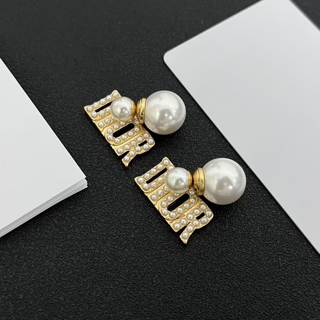 Pearl Paved Dior Letters Earrings - Original Replica Club