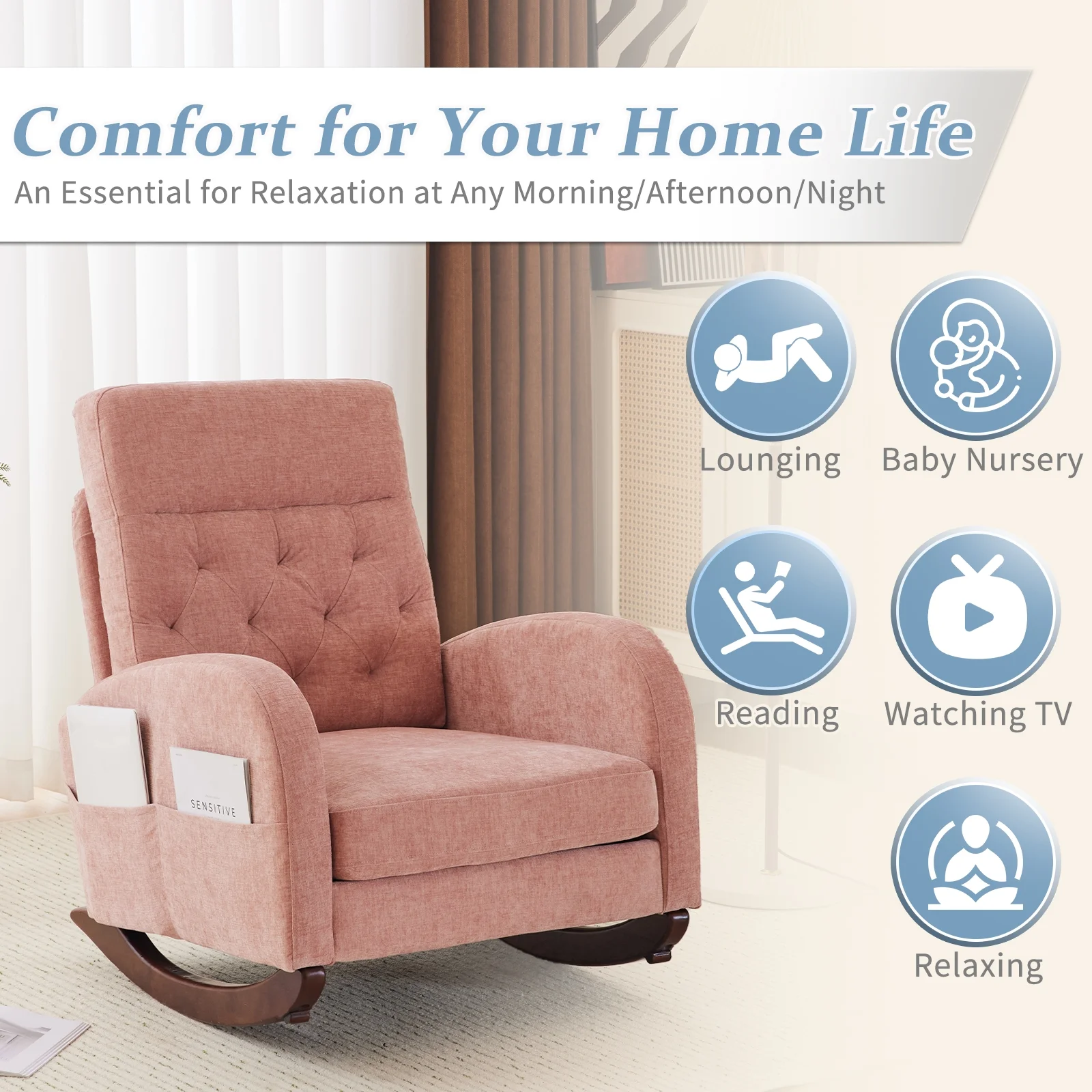 Ktaxon Rocking Accent Chair Glider Reading Chair Comfy Teddy Velvet Upholstered Single Sofa Rocker for Living Room, Nursery, Bedroom Beige - Image 20