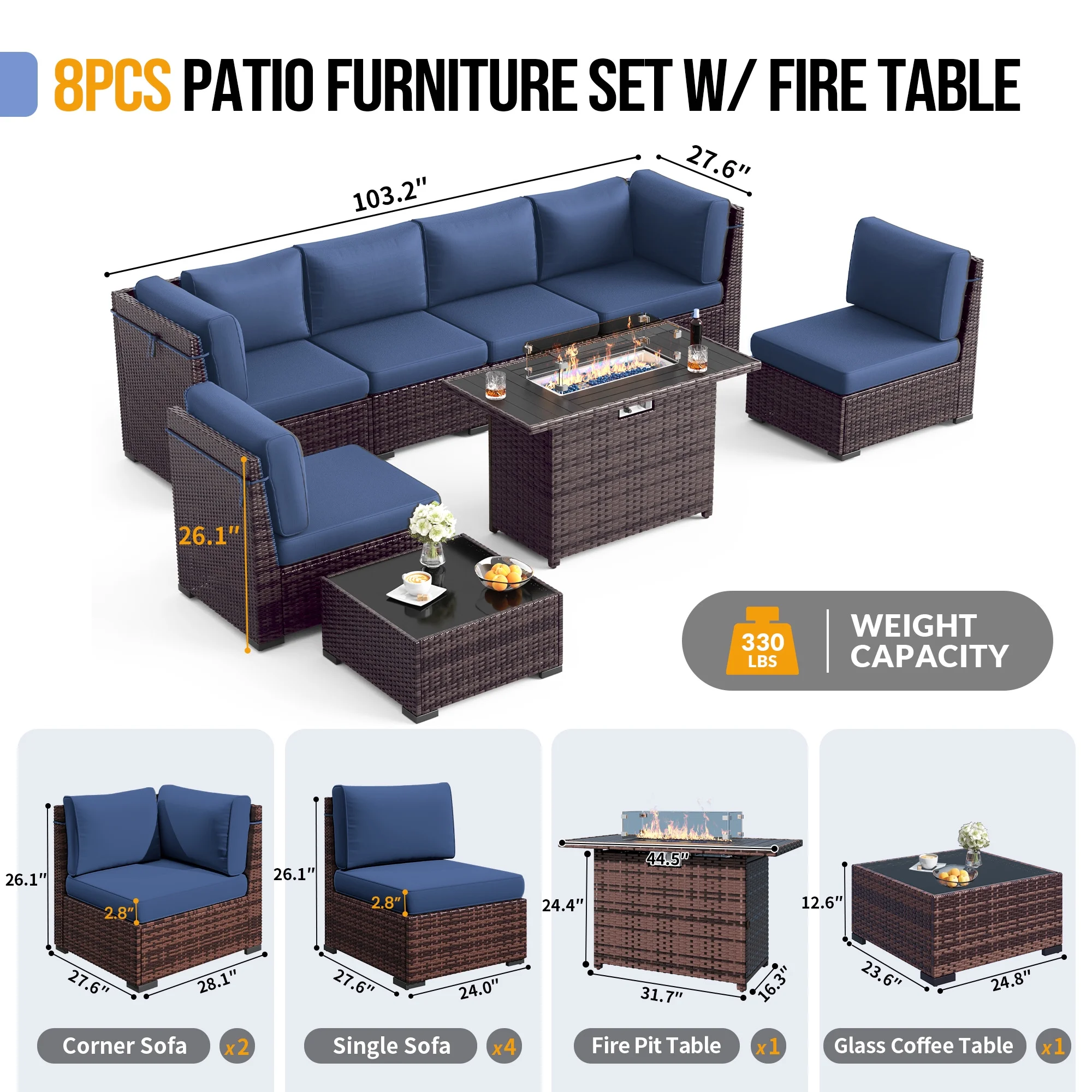 MRUAKA 8 Pieces Patio Furniture Set with Fire Pit Table, Outdoor Furniture Sectional Rattan Sofa with Slanted Back, Patio Couch with Glass Coffee Table for Backyard Garden (Dark Grey) - Image 31