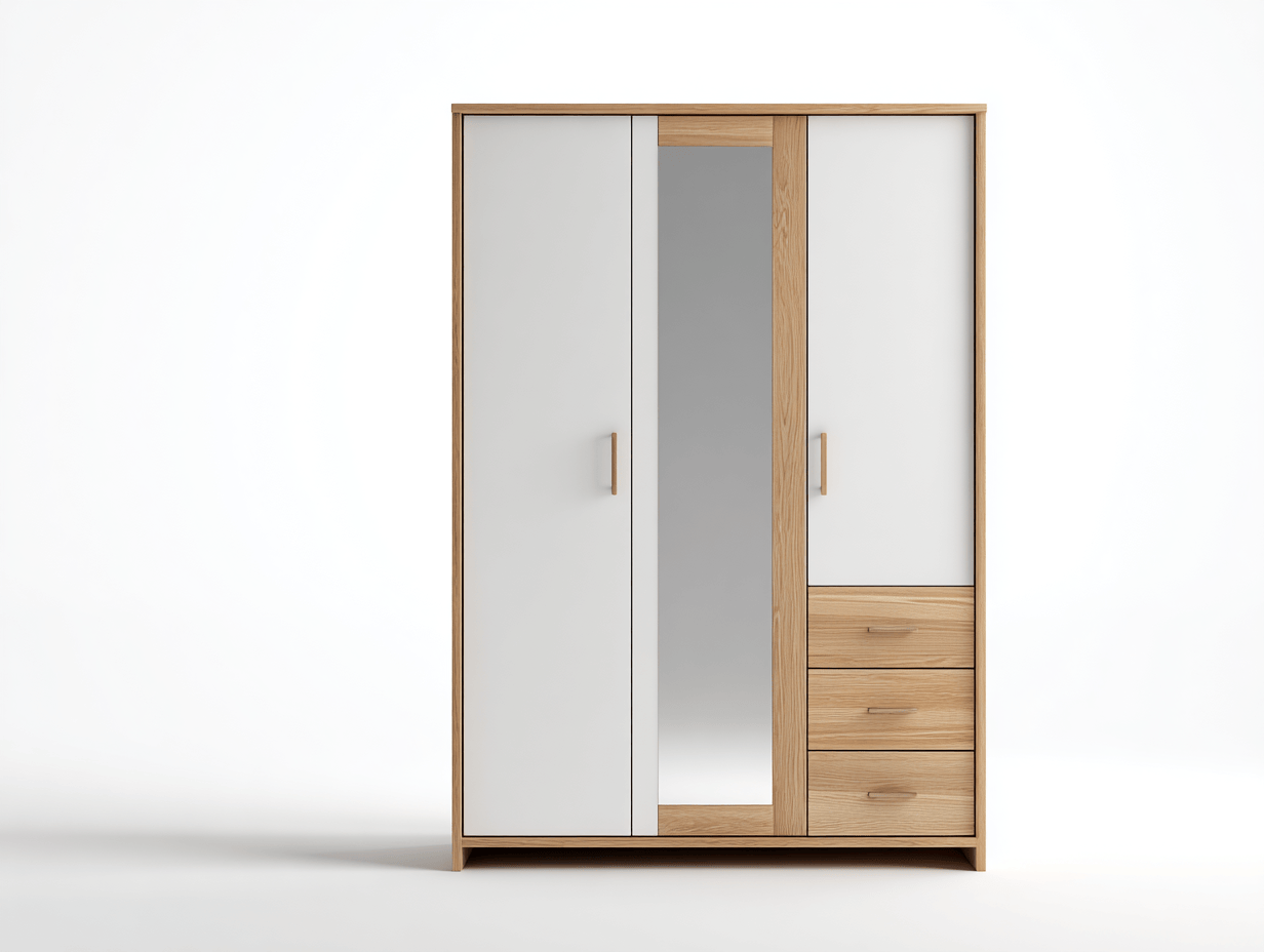 Armario de madera y melamina – blanco/roble claro – 2 puertas con espejo central fijo y 3 cajones