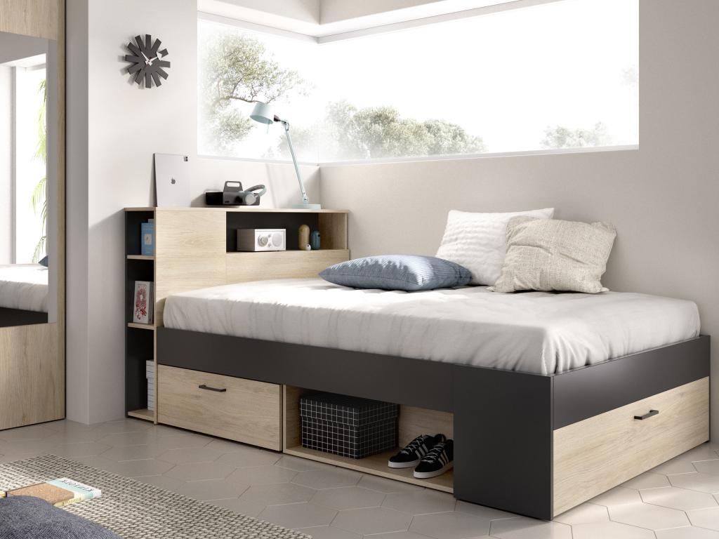Cama con cabecero y almacenamiento 120 x 190 cm - natural y antracita