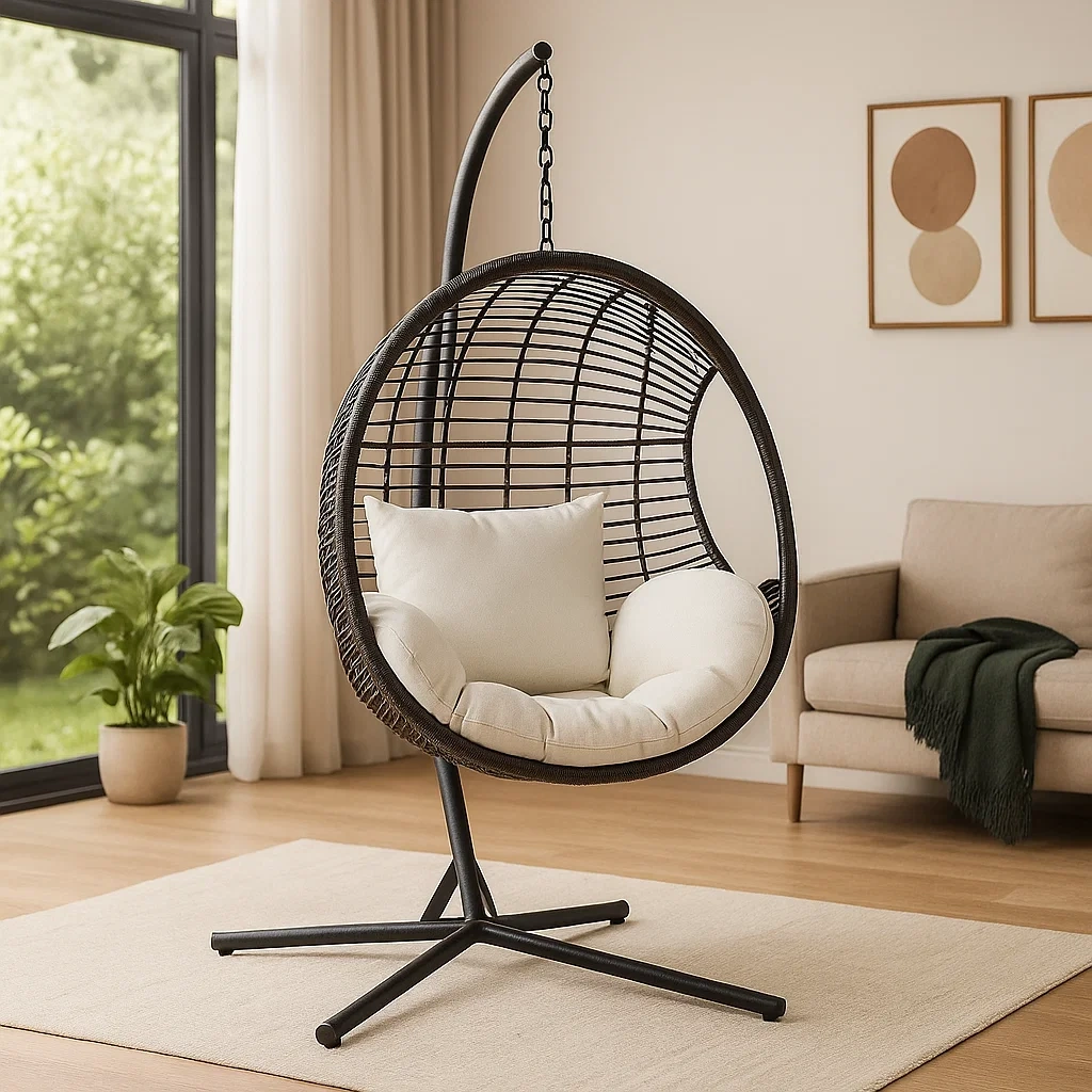 Sillón colgante,forma redonda,material ratán y metal,color negro y beige,con soporte,uso  para jardín o terraza,tamaño 90x90x195 cm - OdA8DmTBcaUJ