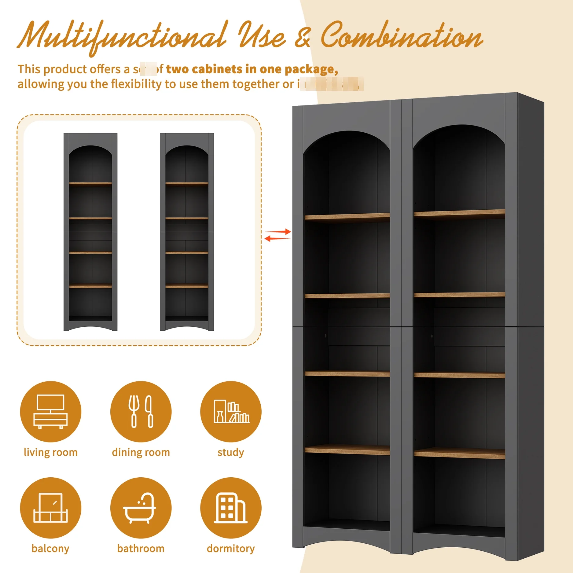72"h Pantry Pair, 2 , Adjustable Shelves, , Black Finish 2 Bookcase , Cabinet With Vintage Style - Image 11