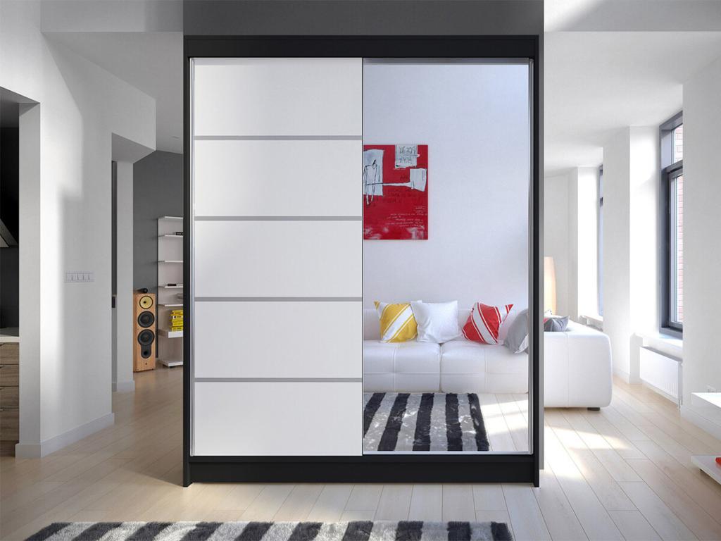 Armario Atlanta 143, Negro|Blanco, 200x150x58cm, Puertas de armario: Correderas