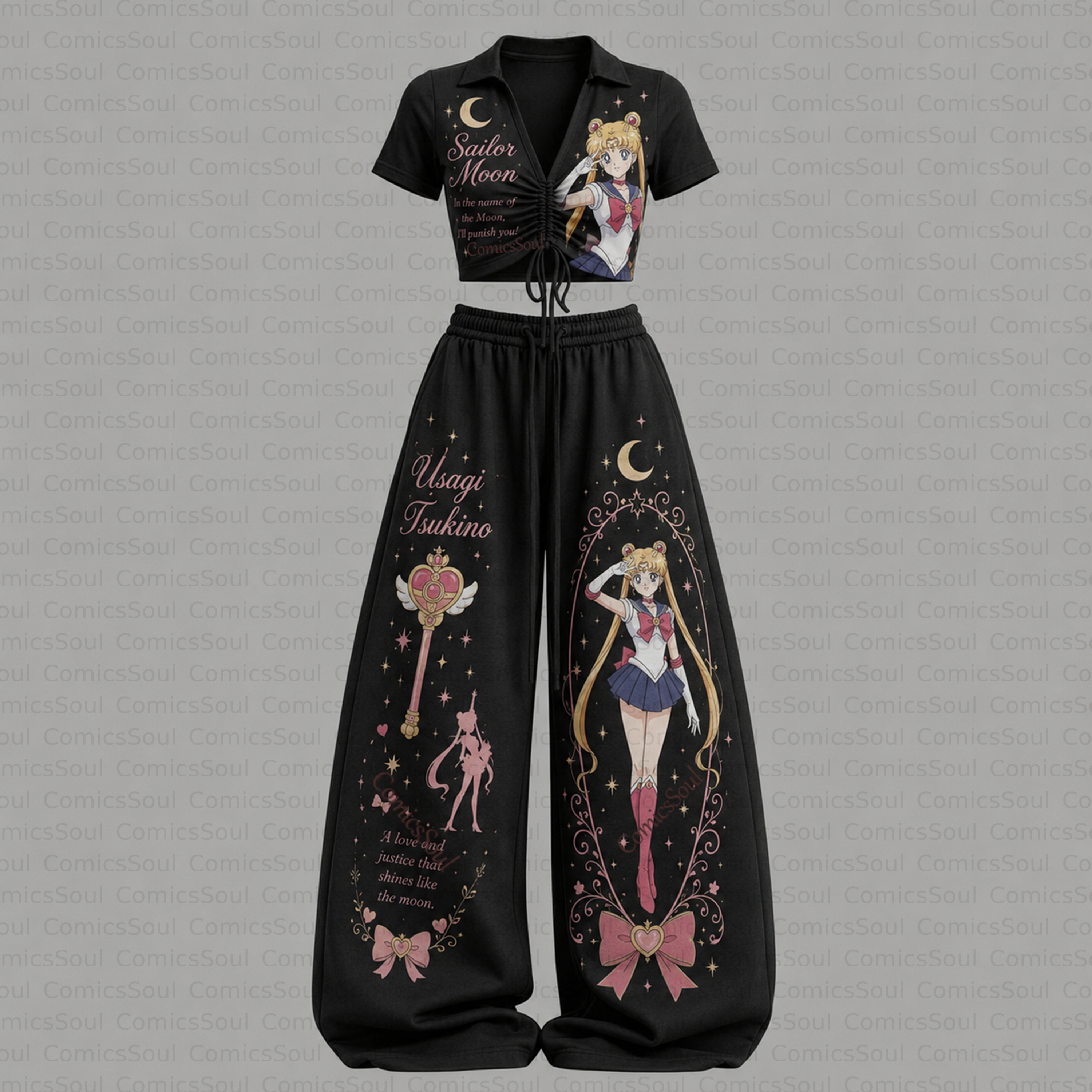 Sailor Moon Drawstring Short Sleeve Top & Long Pants Two-Piece Set