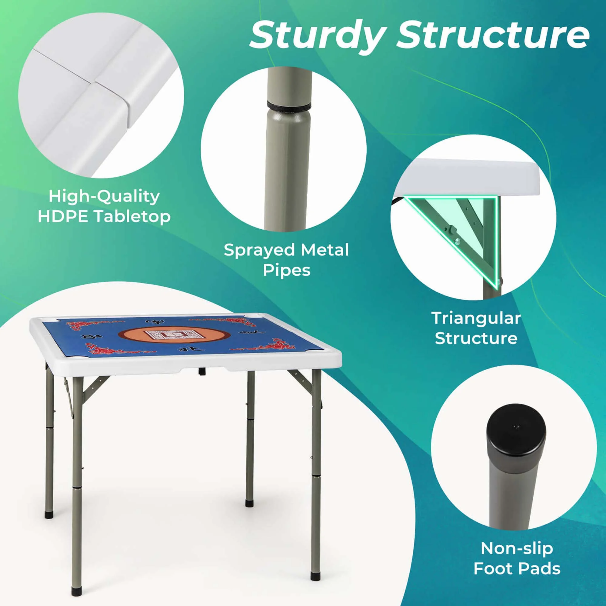 Costway 35" Folding Mahjong Table with Cup Holders & Smooth Felt Mat Carrying Handle Green - Image 29