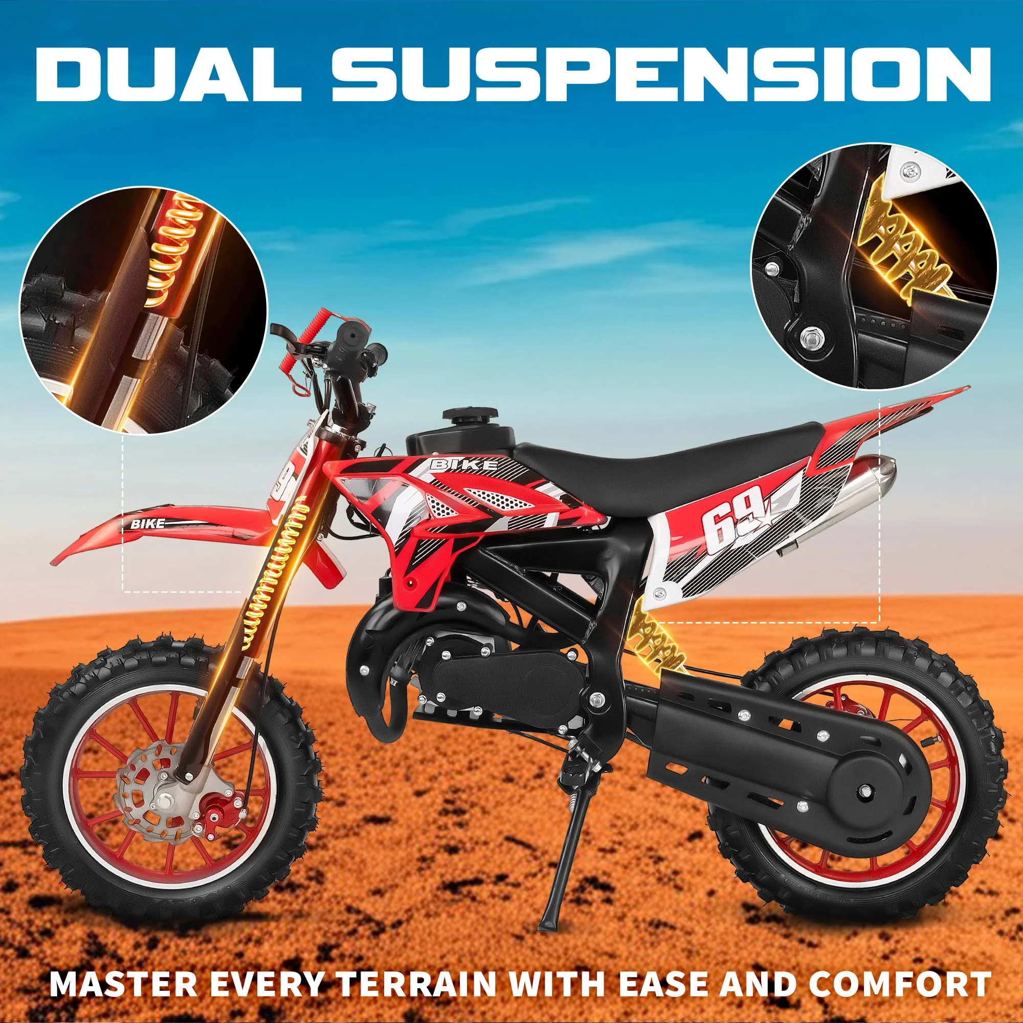 MX moto 49CC Kids Dirt Bicycle, 2-Stroke Gas Powered Off Road Motorcycle, Tire Shock Absorber Spring Soft Seat Cushion with Front and Rear Disc Brake, Max Speed 28 MPH - Image 6