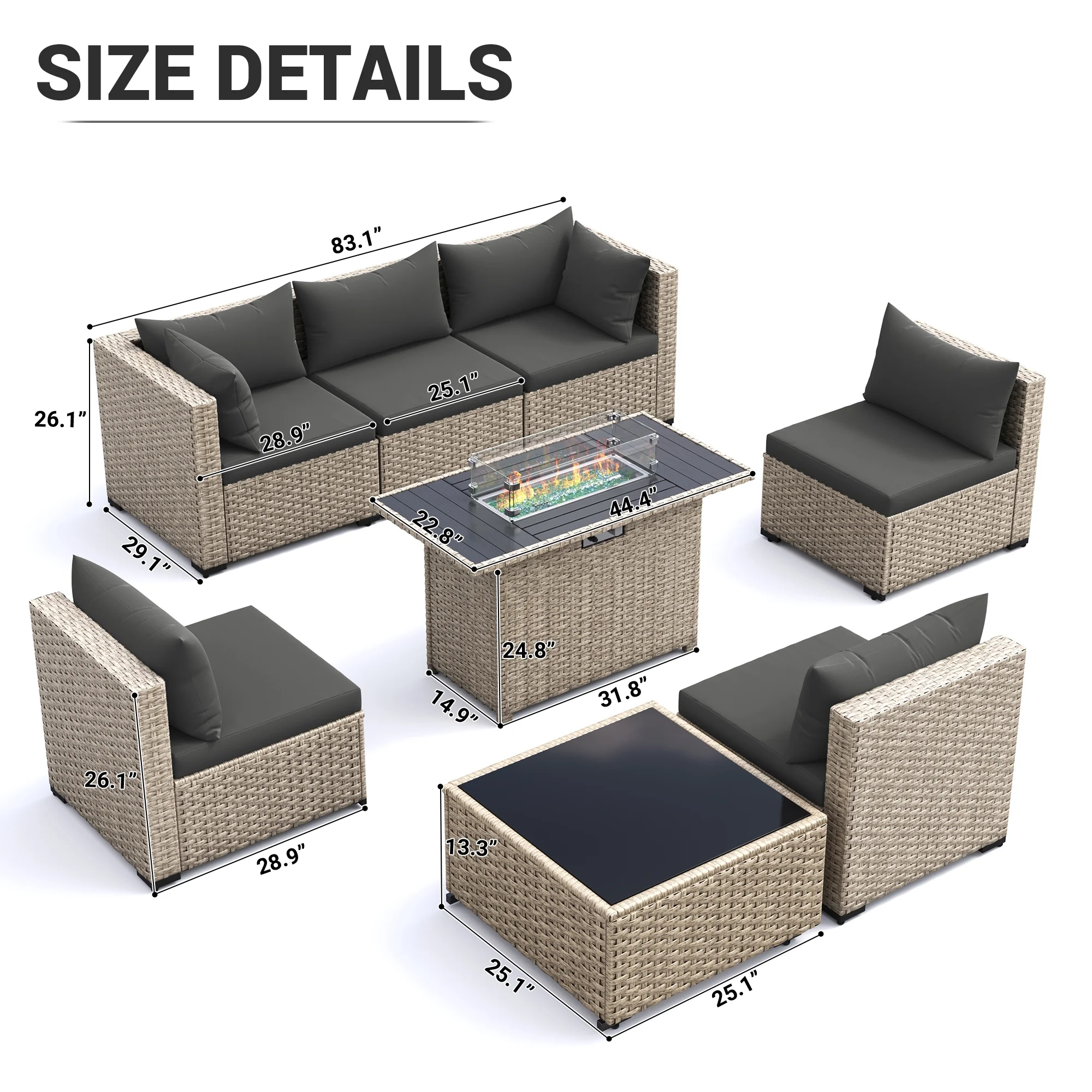 MRUAKA 8 Pieces Patio Furniture Set with Fire Pit Table, Outdoor Furniture Sectional Rattan Sofa with Slanted Back, Patio Couch with Glass Coffee Table for Backyard Garden (Dark Grey) - Image 8