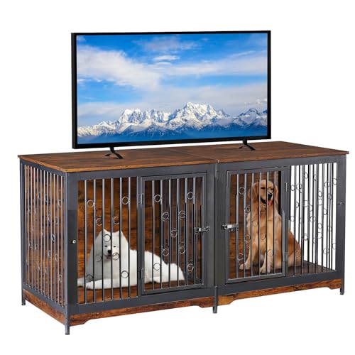 71'' Dog Crate Furniture for 2 Large Medium Dogs, XXL Wooden Indoor Double Crate Kennel Cage Large Breed with Door, TV Stand End Table with Divider, No Cushion,Brown