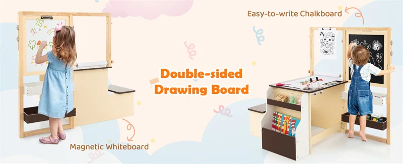 Eletriclife Kids Wooden Art Center Easel with Adjustable Double-Sided Blackboard & Whiteboard