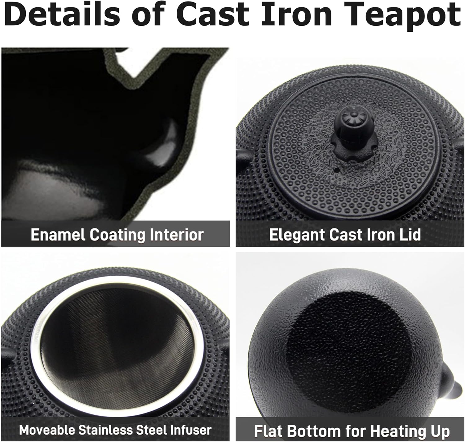 YJX Cast Iron Tea Pot Set, Japanese Tetsubin, 40.6oz Tea Kettle for Stovetop, Black Teapot with Stainless Steel Infuser for Loose Leaf Tea, 1200ml Small Asian Tea Set with Teacups