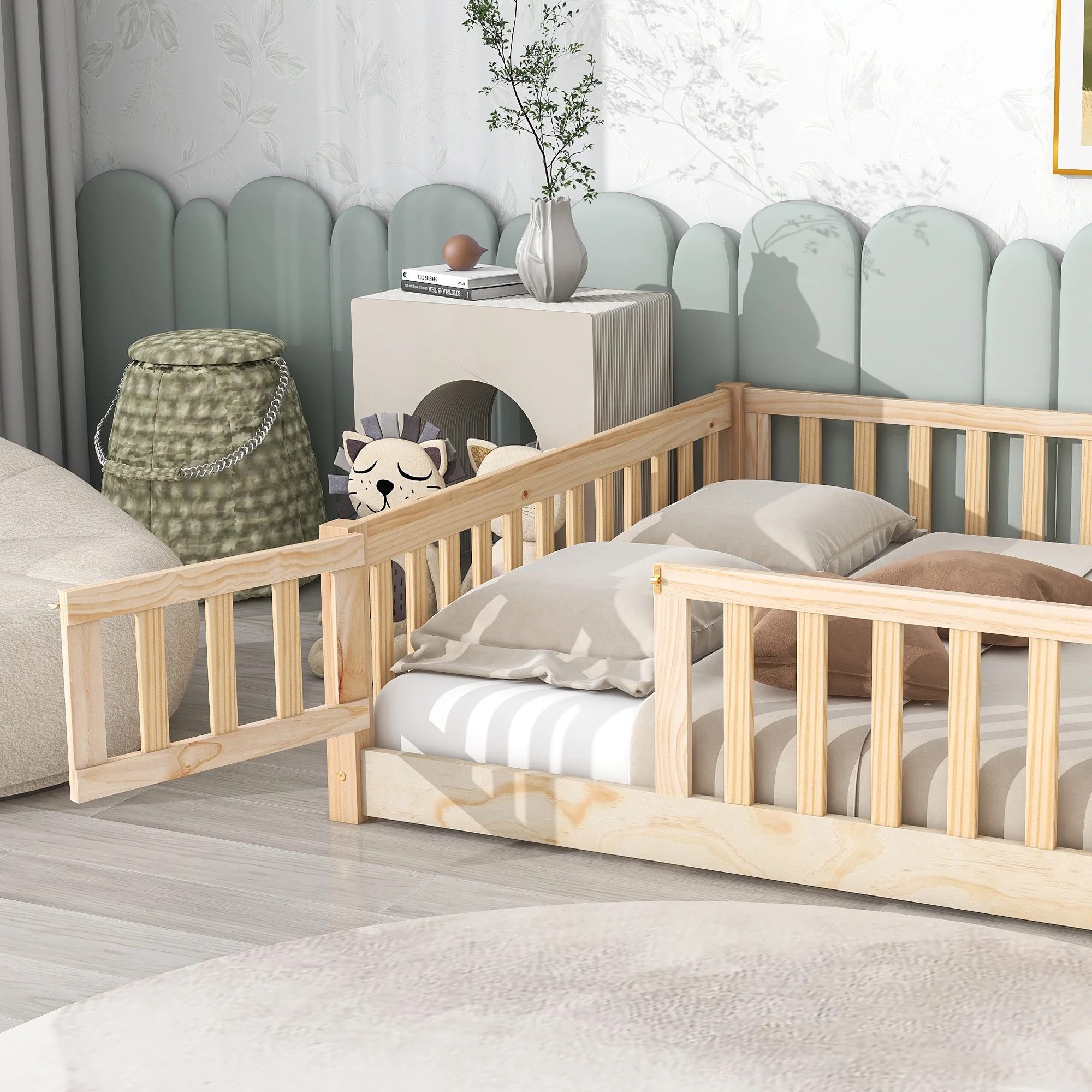 UHOMEPRO Twin Size Floor Bed with Door and Fence, Montessori Floor Bed with Slats and Safety Guardrails, Solid Wood Twin Bed Frame for Bedroom, White - Image 19
