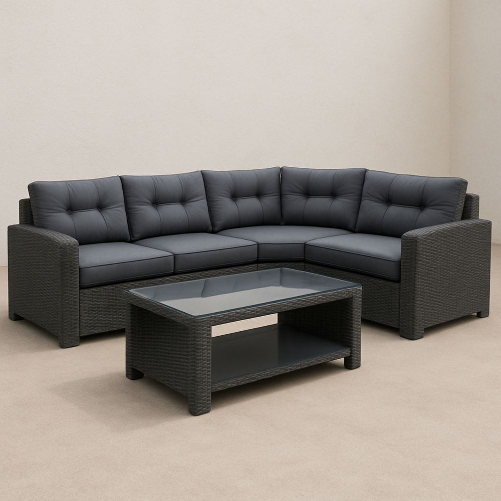 Conjunto de jardín 2 piezas: sofá esquinero 210x210 cm con mesa de centro en ratán sintético gris y cojines gris oscuro